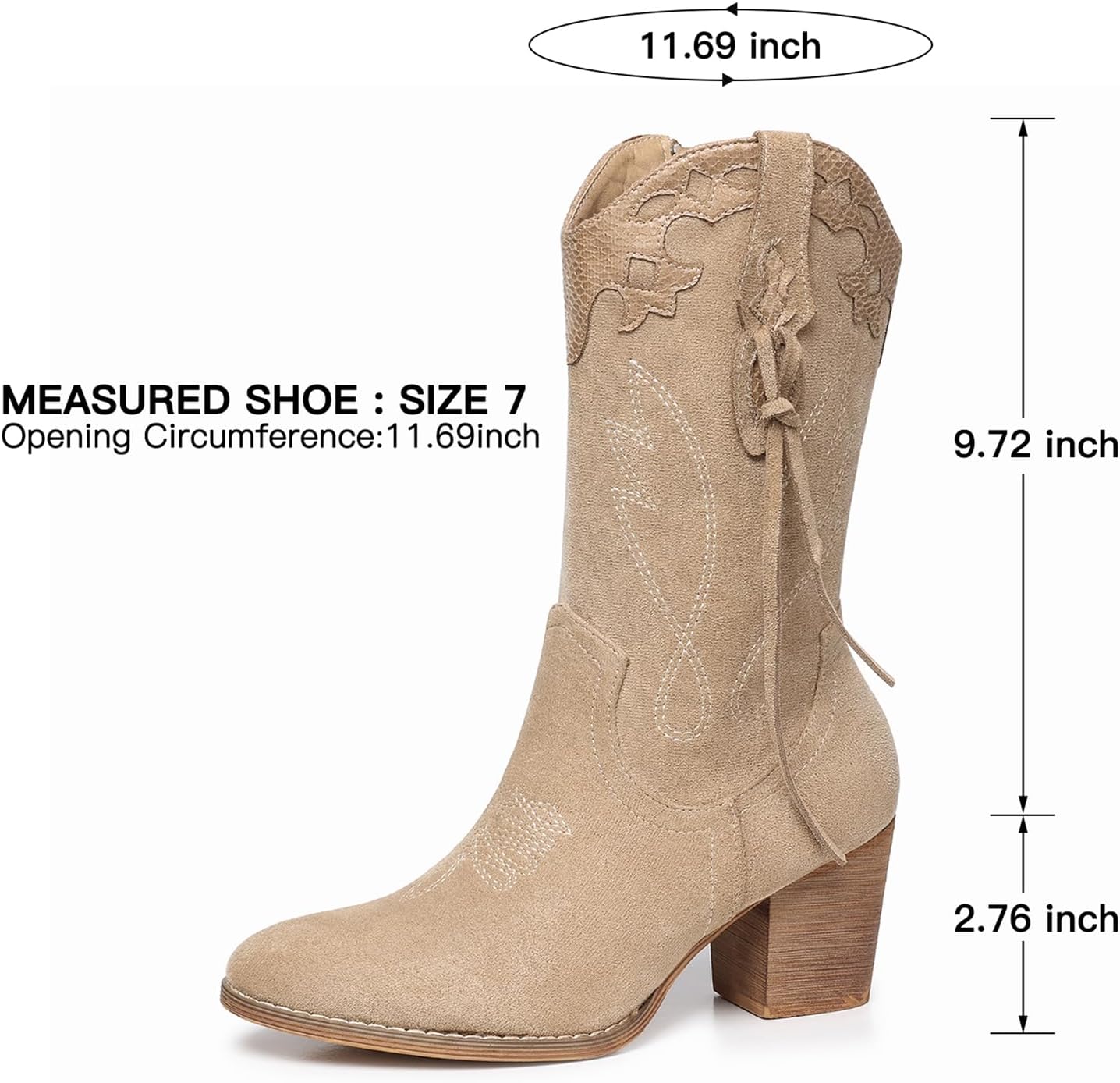 SHIBEVER Cowboy Cowgirl Boots for Women: Western Country High Heel Boots Suede Zipper Mid Calf Booties - Image 6