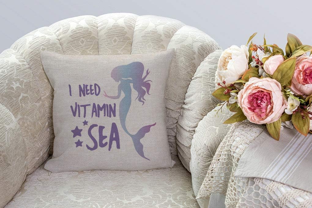 SSOIU I Need Vitamin sea Quote with Star Element Pillow Covers, Mermaid Presents Decor, Cotton Linen Pillow Case Cushion Cover for Sofa Couch Decor 18"x 18"Inch image 2