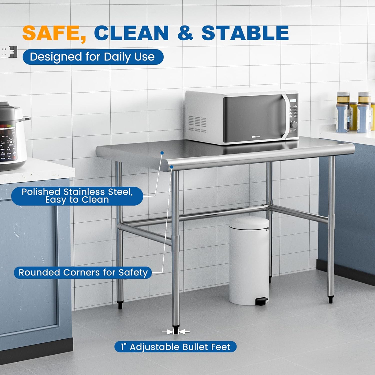Stainless Steel Table Open Base 30x48 Inch, Heavy-Duty Metal Work Table Ideal for Restaurant, Kitchen, Bakery, or Commercial Food Prep