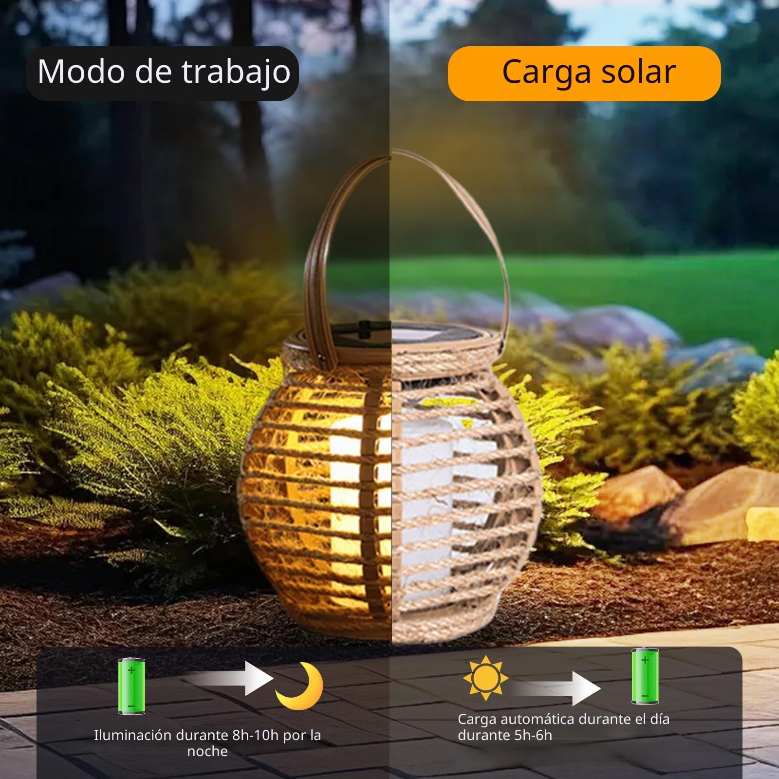 Farol Solar Exterior 2 Uds, Farolillo Mesa Jardín IP44, Luz Cálida | Cuerda Cáñamo | 3000K Cálido | Crepúsculo Auto | PP Trenzado | φ15.5 × 15.5cm
