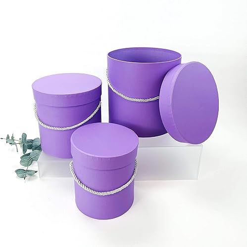 Miniatura 6 de UNIKPACKAGING Caja de flores redonda de alta calidad, cajas de regalo para arreglos florales y de regalo, juego de 3 piezas (lavanda)
