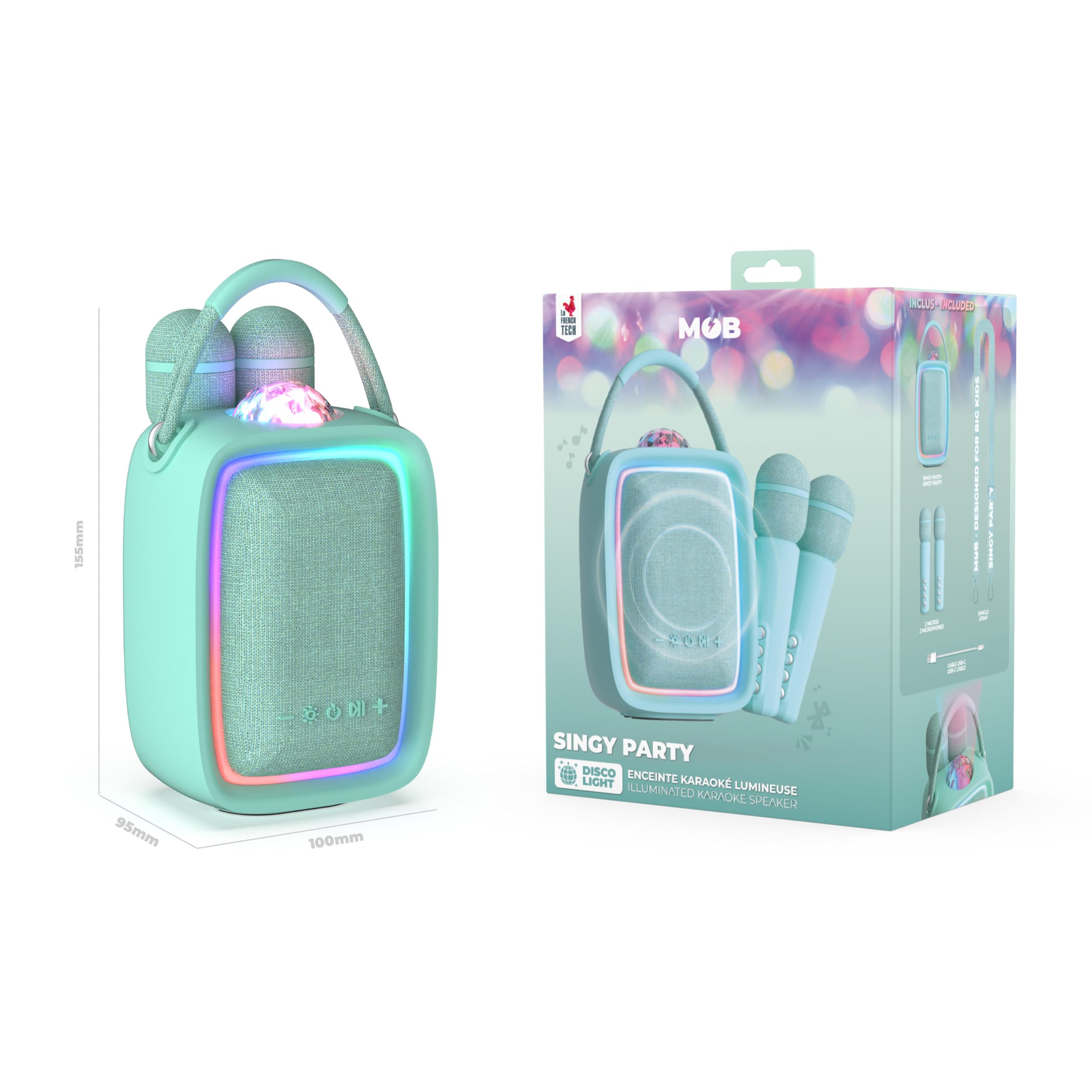 Mob - Singy Party Enceinte Karaoké Portable pour Enfant et Adulte - Projecteur Disco, 2 Micros sans Fil pour Chanter en Duo, Rechargeable USB-C, Carte SD - Idée Cadeau (Menthe)