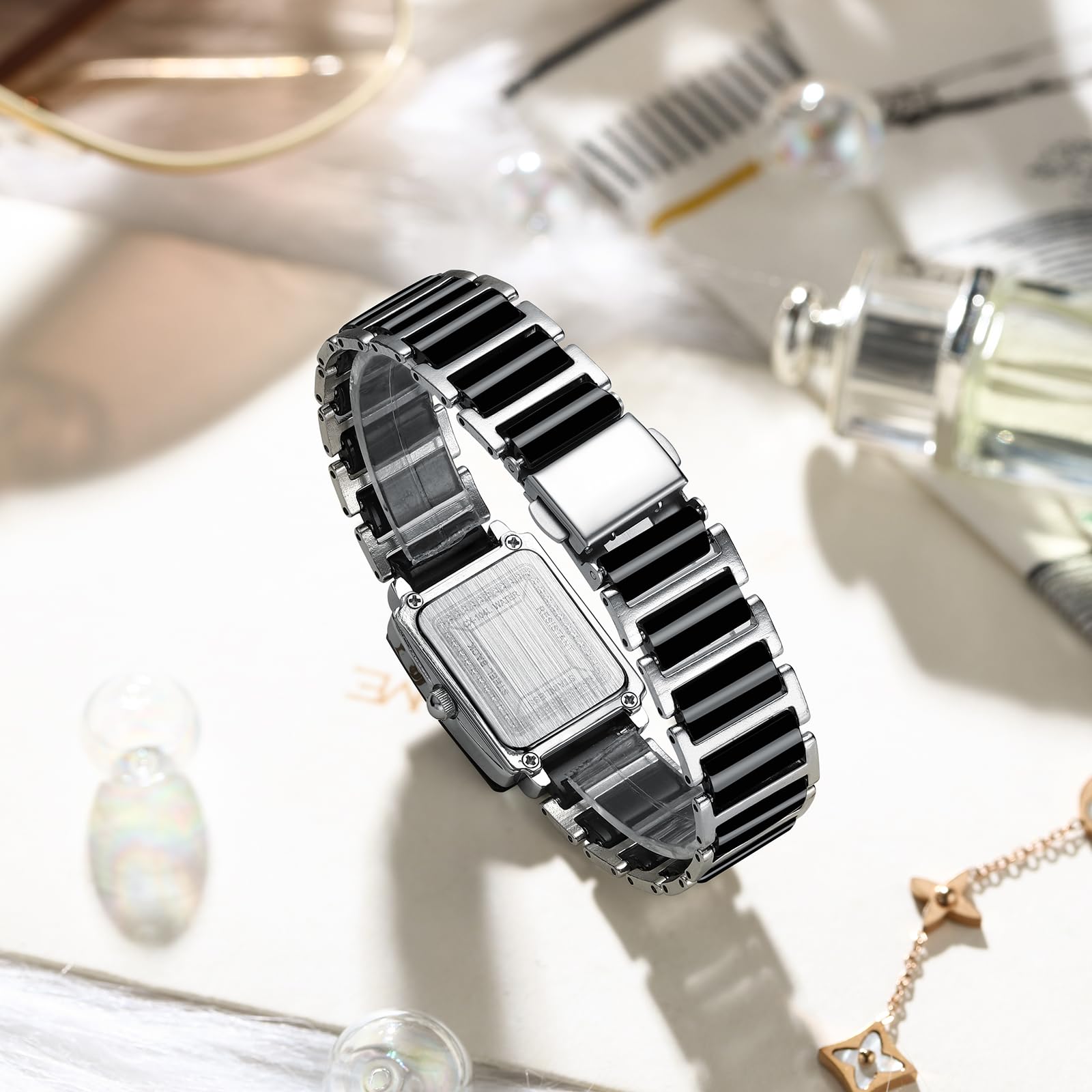 MASTOP Valentines Paar Quarzuhren Weiß Schwarz Rechteck Edelstahl für Sie und Ihn Armbanduhr für Männer Frauen Liebhaber Hochzeit Romantisches Geschenk Set von 2