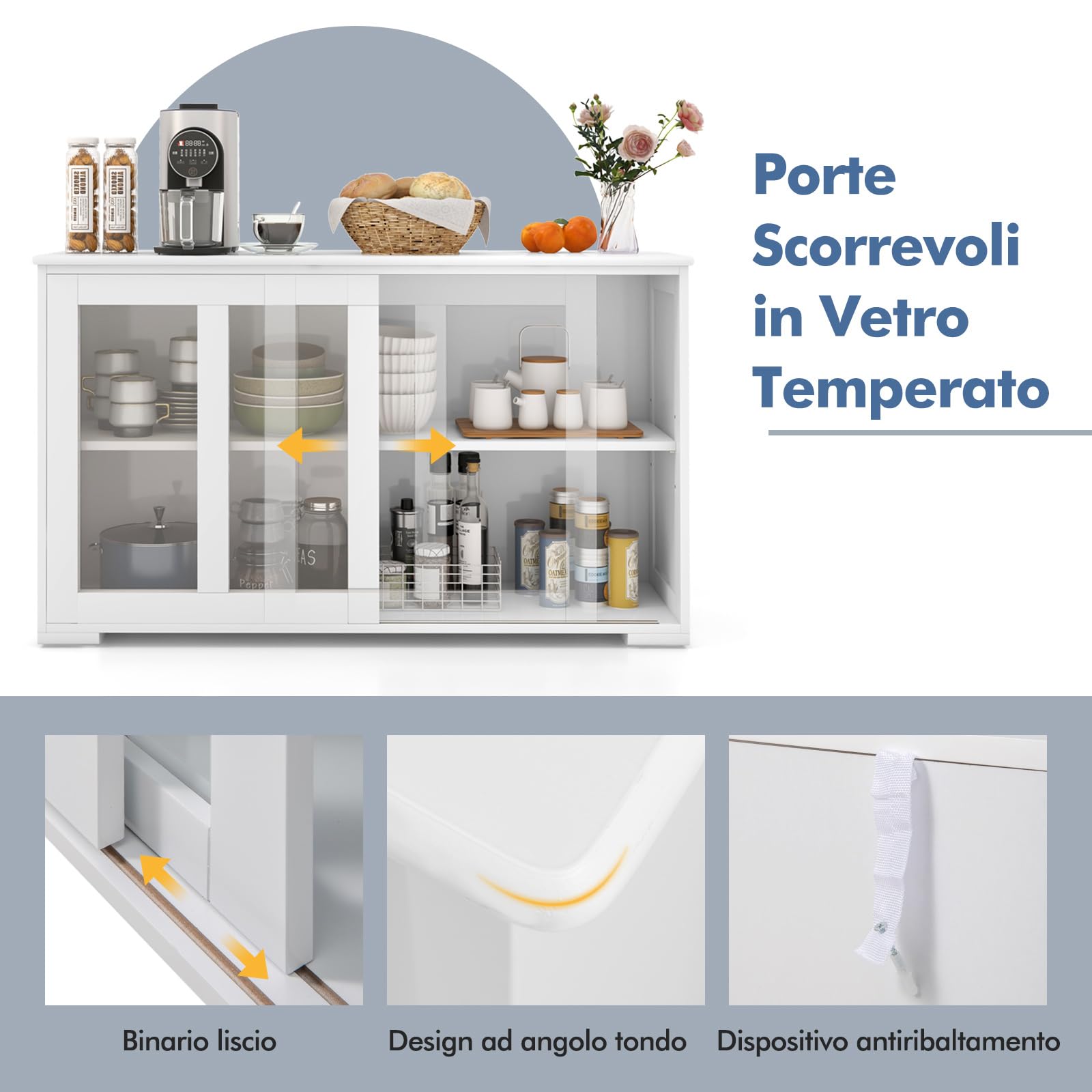COSTWAY Armadietto da Cucina Mobile Laterale Multiuso con Ante Scorrevoli, in MDF e Vetro, 106,5 x 33 x 62,5 cm (Bianco)