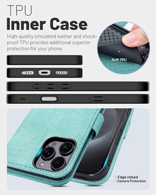 OCASE for iPhone 16 Pro Wallet Case PU Leather Flip Folio Case with Card Holders RFID Blocking Kickstand Shockproof TPU Inner Shell iPhone 16 Pro Phone Cover 6.3 Inch 2024-Denim Green by OCASE - Image 5