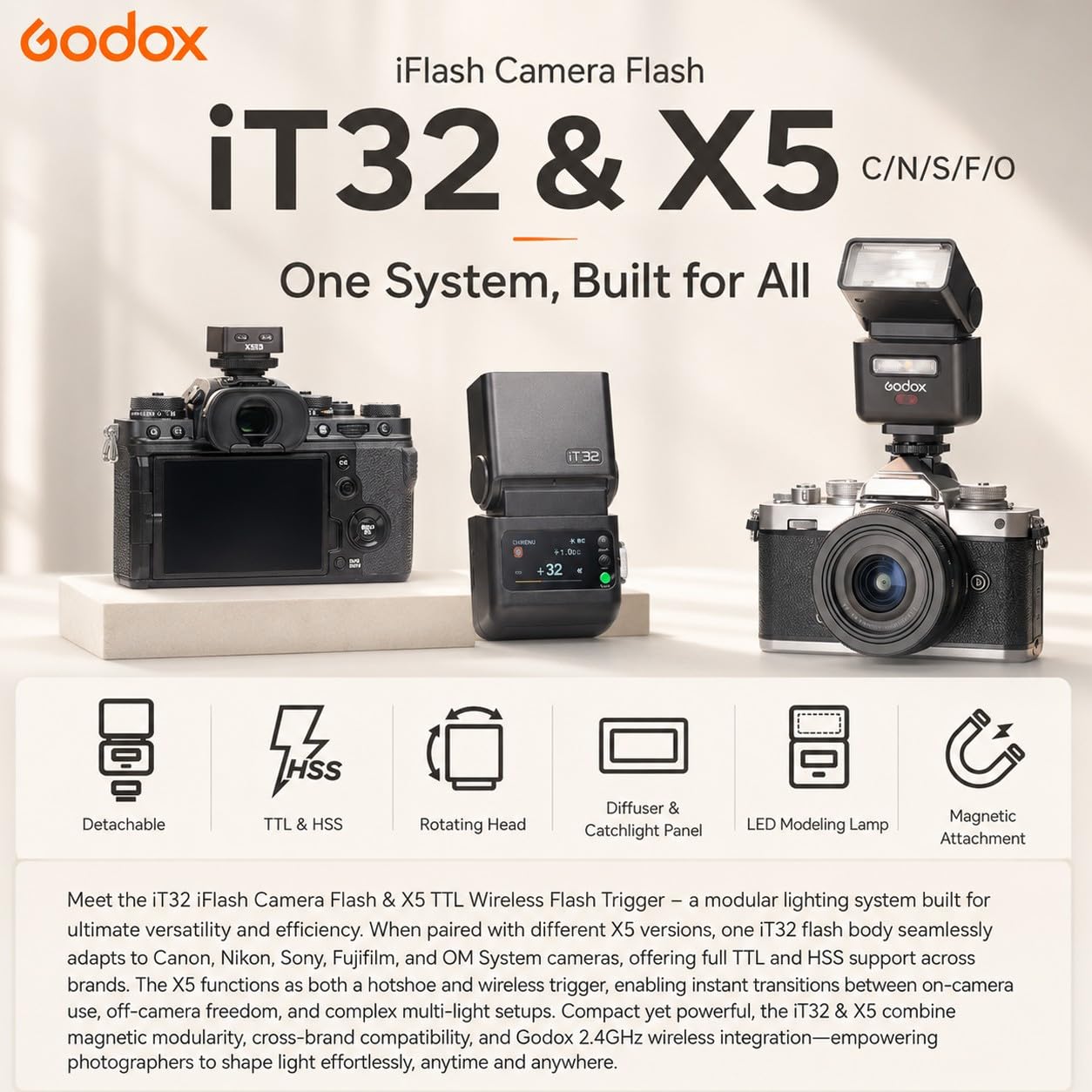 Godox iT32 TTL Flash do Fuji z bezprzewodowym wyzwalaczem X5-F, 2,4G HSS 1/8000s | ekran dotykowy i LED, kompatybilny z Fujifilm X100VI X-E5 XT5 X100V X100T XS20 XS10 XT30II XM5 GFX5 0S GFX50R XT4 XT3 | Ekran dotykowy i LED, kompatybilny z Fujifilm X100VI