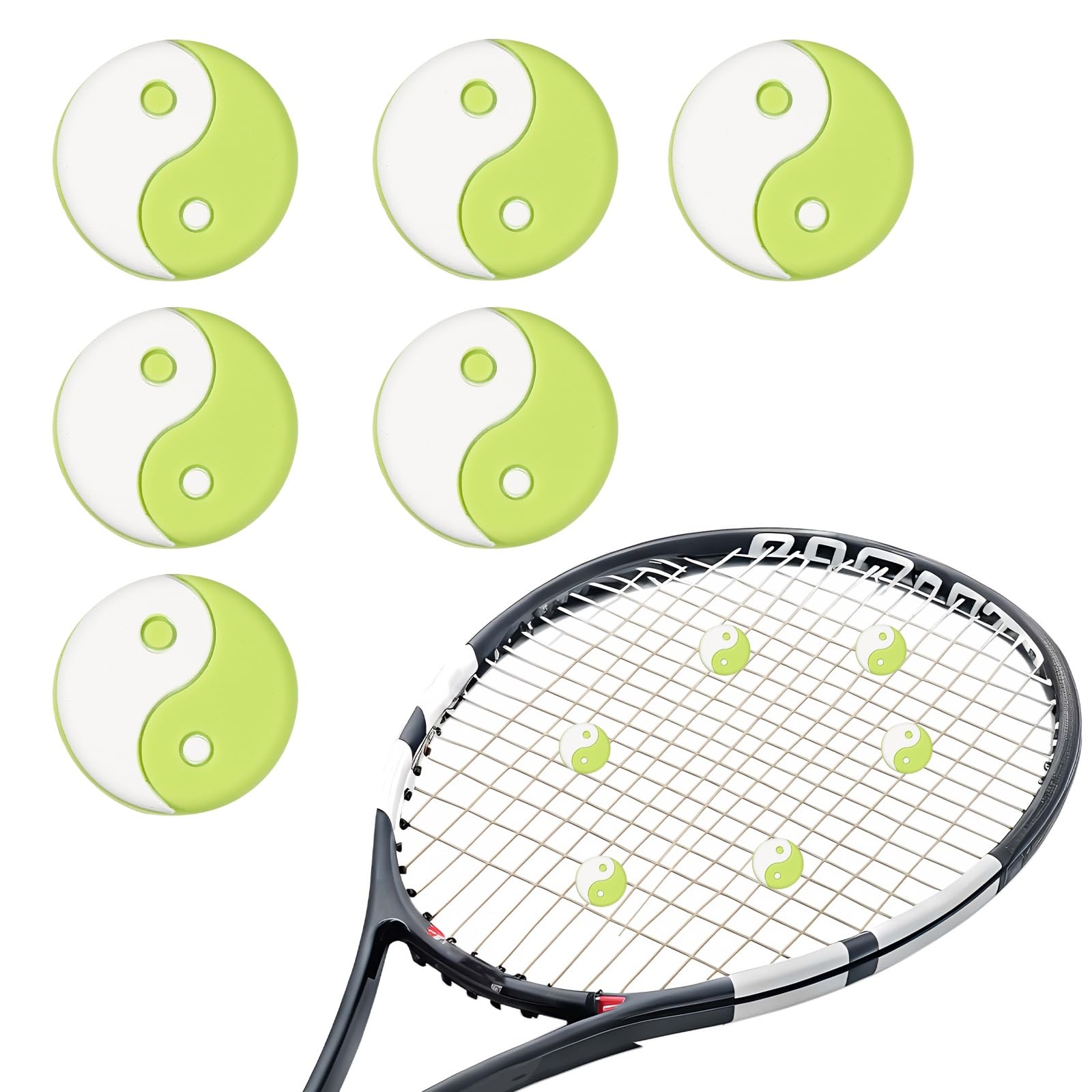 YELARXI Tennis Dampener, TaiChi Pattern Silicone Tennis Racket Dampeners Racket Shock Absorber to Reduce Vibration Soft Cute Fit for (Players/Universal Fit for All Racquets) 6Pcs & Green