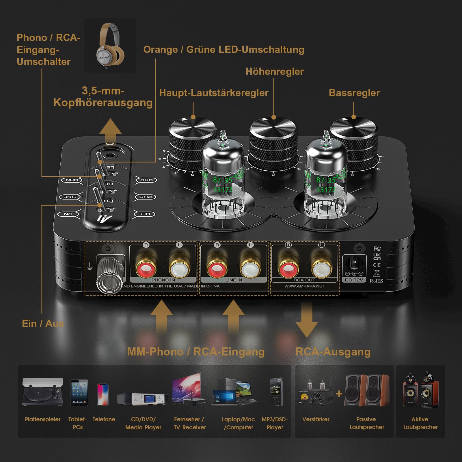 A1 Phono Röhren Vorverstärker, Hi-Fi Audiophiler Vorverstärker, Kopfhörerverstärker, für MM Plattenspieler, mit Ton anpassen für Home Audio Plattenspieler Lautsprecher, Desktop Computer