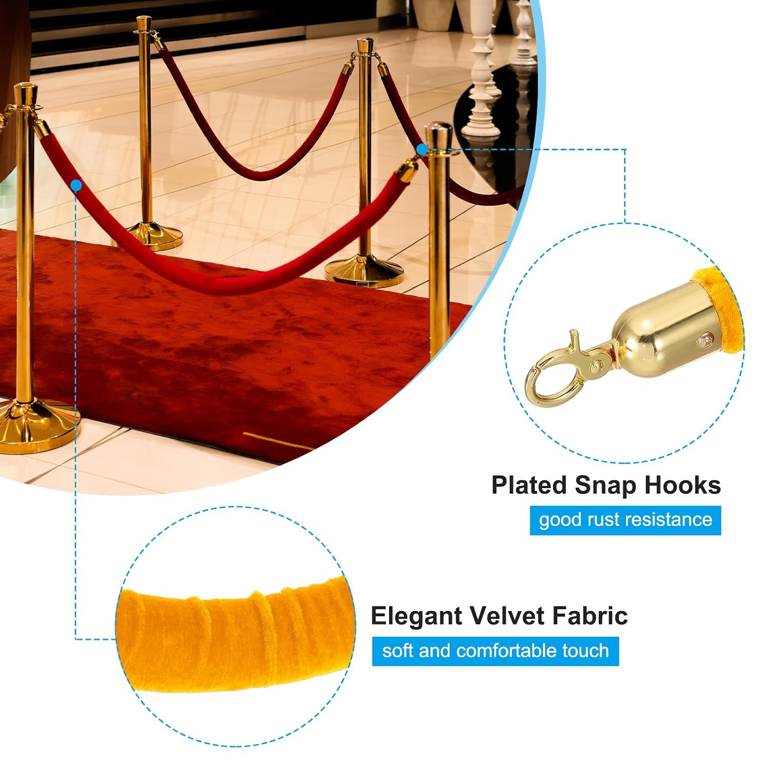 PATIKIL 8 Pack Yellow Velvet Stanchion Rope, 6 Ft Crowd Control Ropes Barrier Hanging Rope with Stainless Steel Gold Plated Hooks for Carpet Events Movie Theaters Opening Activities