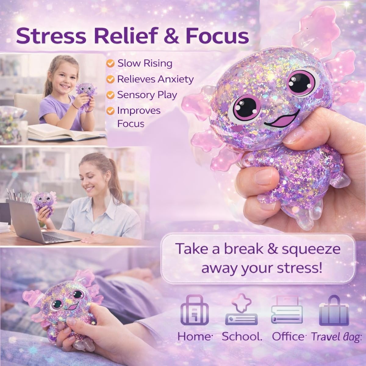 Axolotl Squishy Toy, Slow Rising Squishy Squeezy Axolotl，Sugar Filled Squishy Stress Ball，Stress and Anxiety Relief，an Ideal Gift for Activities and Parties—Suitable for Students and Adults.（Purple）