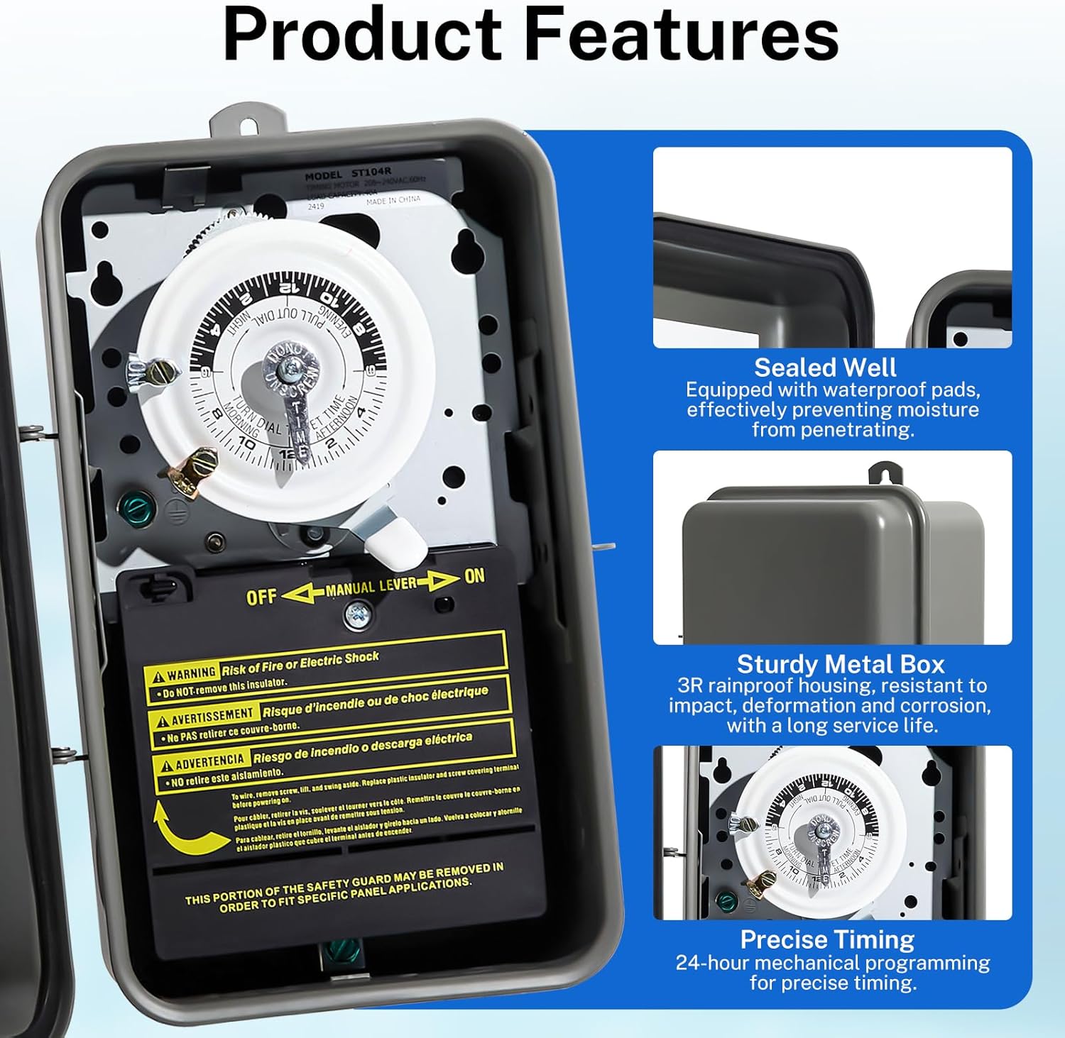 T104R 24-Hour Mechanical Timer Switch, DPST, 3R Rainproof Metal Enclosure, Heavy Duty Timer for Lighting, Pool Pumps, Commercial Defrost Systems