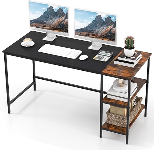 Miniatura 1 de IFANNY Escritorio para computadora de 55 pulgadas, escritorio grande con estantes abiertos y marco de acero, escritorio de madera para juegos con