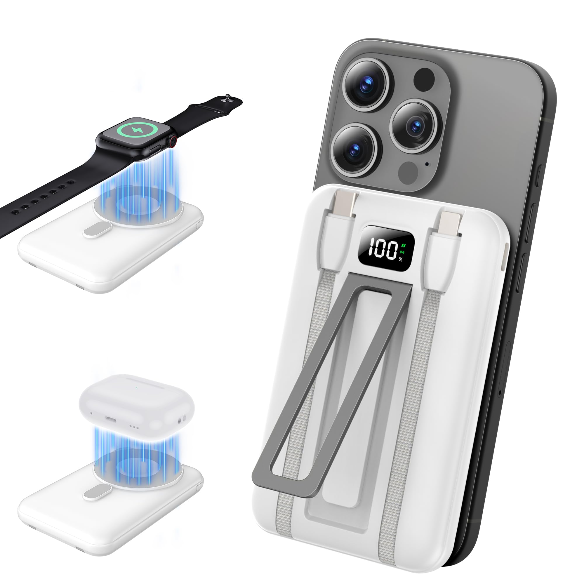 sunpolin Portable Charger Power Bank, 10000mAh Magnetic Wireless Charger Compatible with Apple Watch AirPods Series iPhone 13 14 15 Samsung Android, Built-in Cables 22.5W Fast Charging White