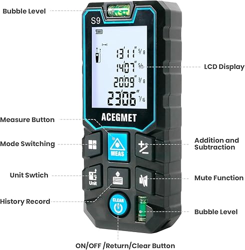 Vista 15 de ACEGMET Medición láser, herramienta de medición láser de 393 pies, herramienta de medición láser con 2 niveles de burbuja, pantalla LCD