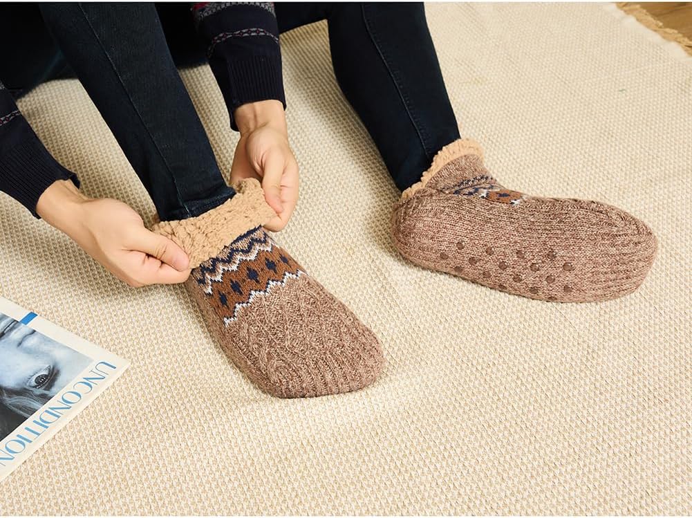 LEMZONE Fuzzy Slipper Socks for Men, Non Slip Fleece Lining Cabin Socks with Grips Christmas Stocking Stuffers Cozy Gifts