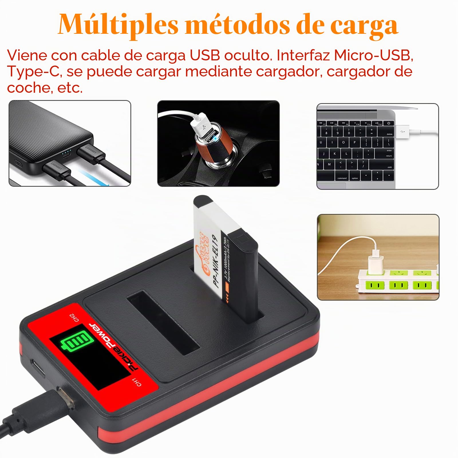 Pickle Power 2X EN-EL19 Batería & LED Doble Cargador para Coolpix S32 S33 S100 S2500 S2800 S3100 S3200 S3500 S3600 S4100 S5200 S6500 S6600 S6800 S6900