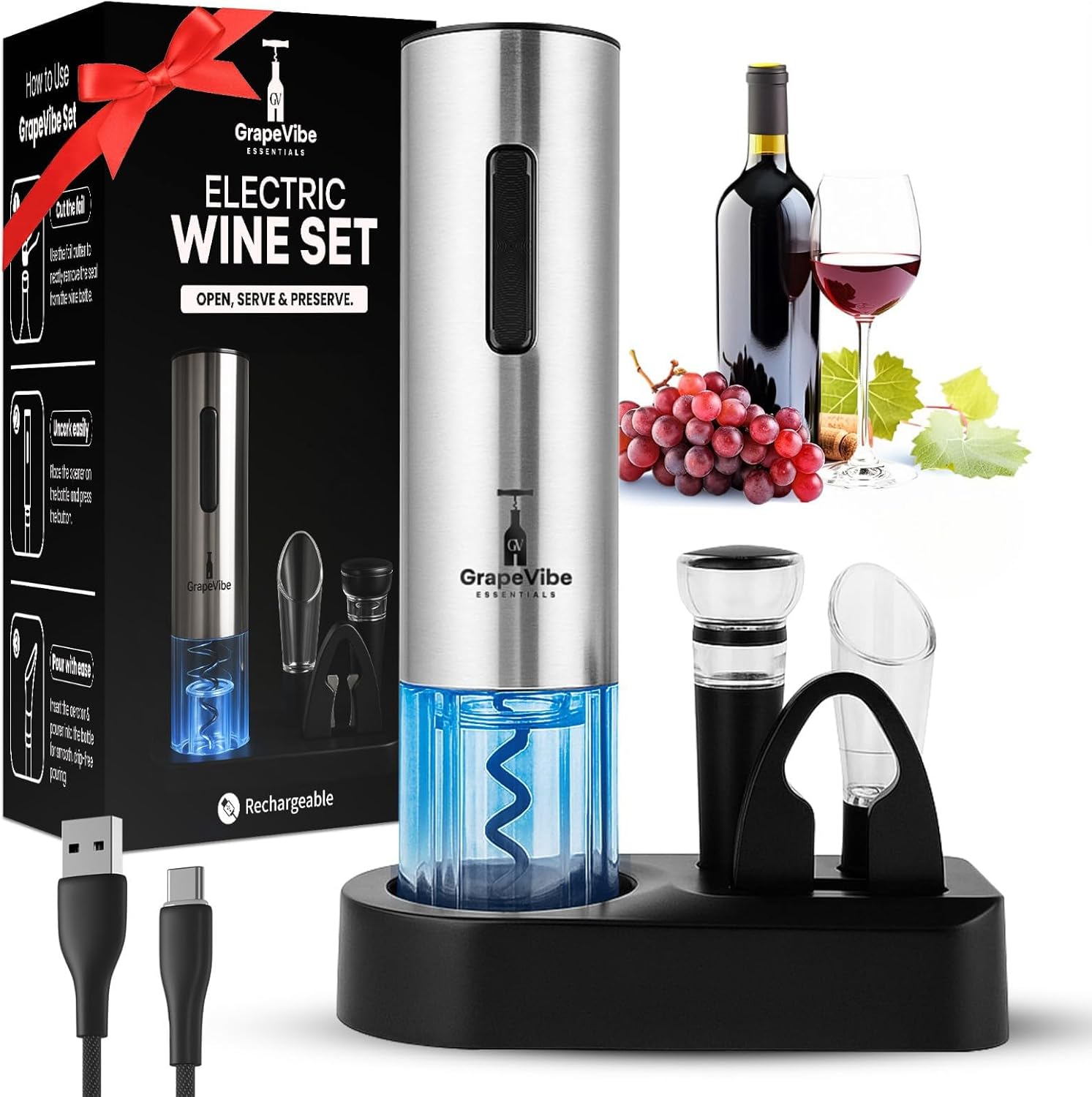GrapeVibeEssentials 5-in-1 Electric Wine Opener Gift Set– Rechargeable Automatic Wine Bottle Opener with Charging Base, Foil Cutter, Aerator Pourer & Vacuum Stoppers