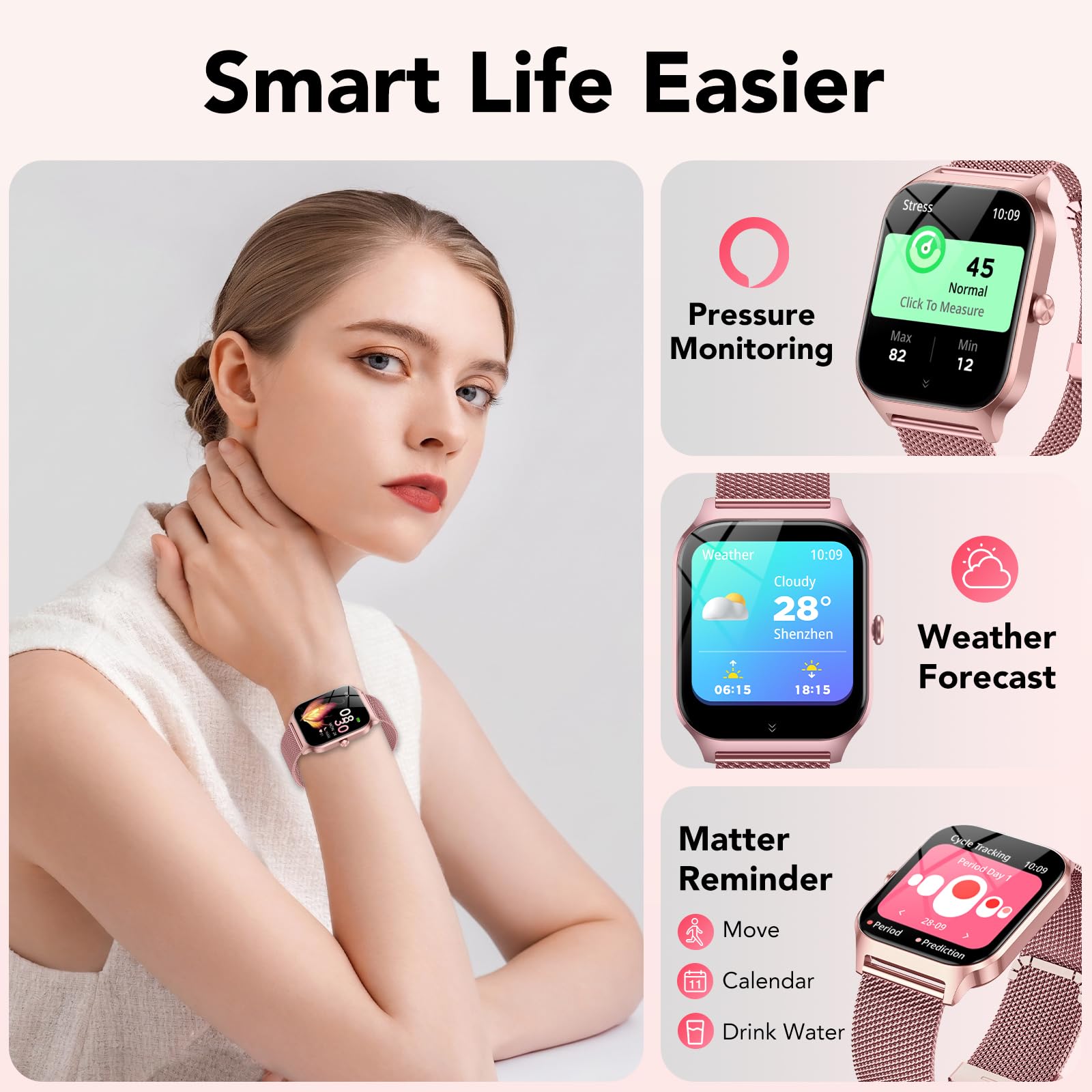 Reloj Inteligente Mujer con Llamadas Bluetooth y Asistente IA, Whatsapp Notificaciones,1.85" HD Smartwatch Mujer con SpO2/Pulsómetro/Monitor de Sueño,120+ Modos Deportes para iPhone Android,2 Correas