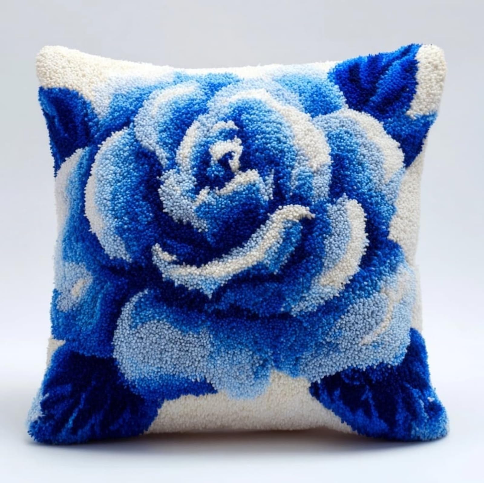 AxiangziK Latch Hook Pillow Craft Kit,Blue Roses 43x43cm/17x17Inch,Complete Starter Kit for Beginners & Craft Enthusiasts