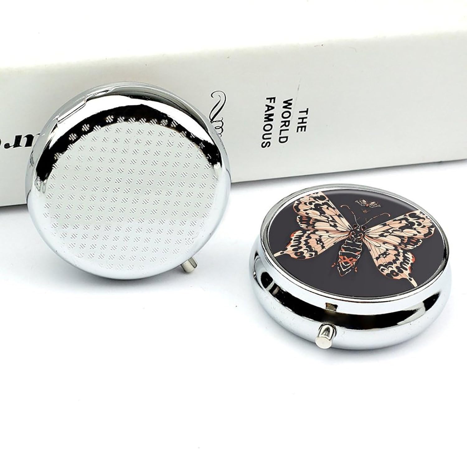 Round Silver Pill Box Small Pill Case for Purse and Pocket 3 Compartment image 5
