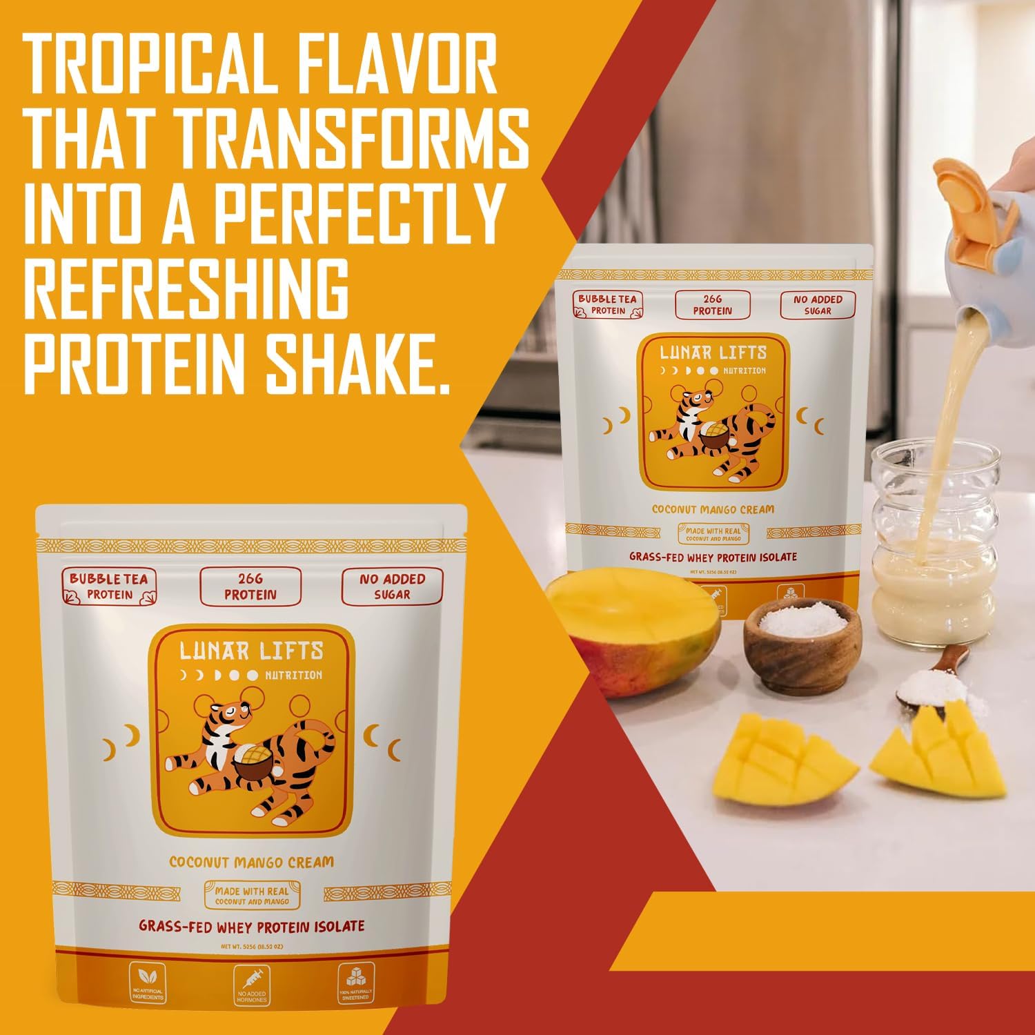 Lunar Lifts Nutrition Coconut Mango Cream - Boba Tea Whey Protein Isolate | 26 Grams Grass-fed Whey Isolate Protein per Serving Protein Powder | No Added Sugars or Artificial Ingredients Protein Shake