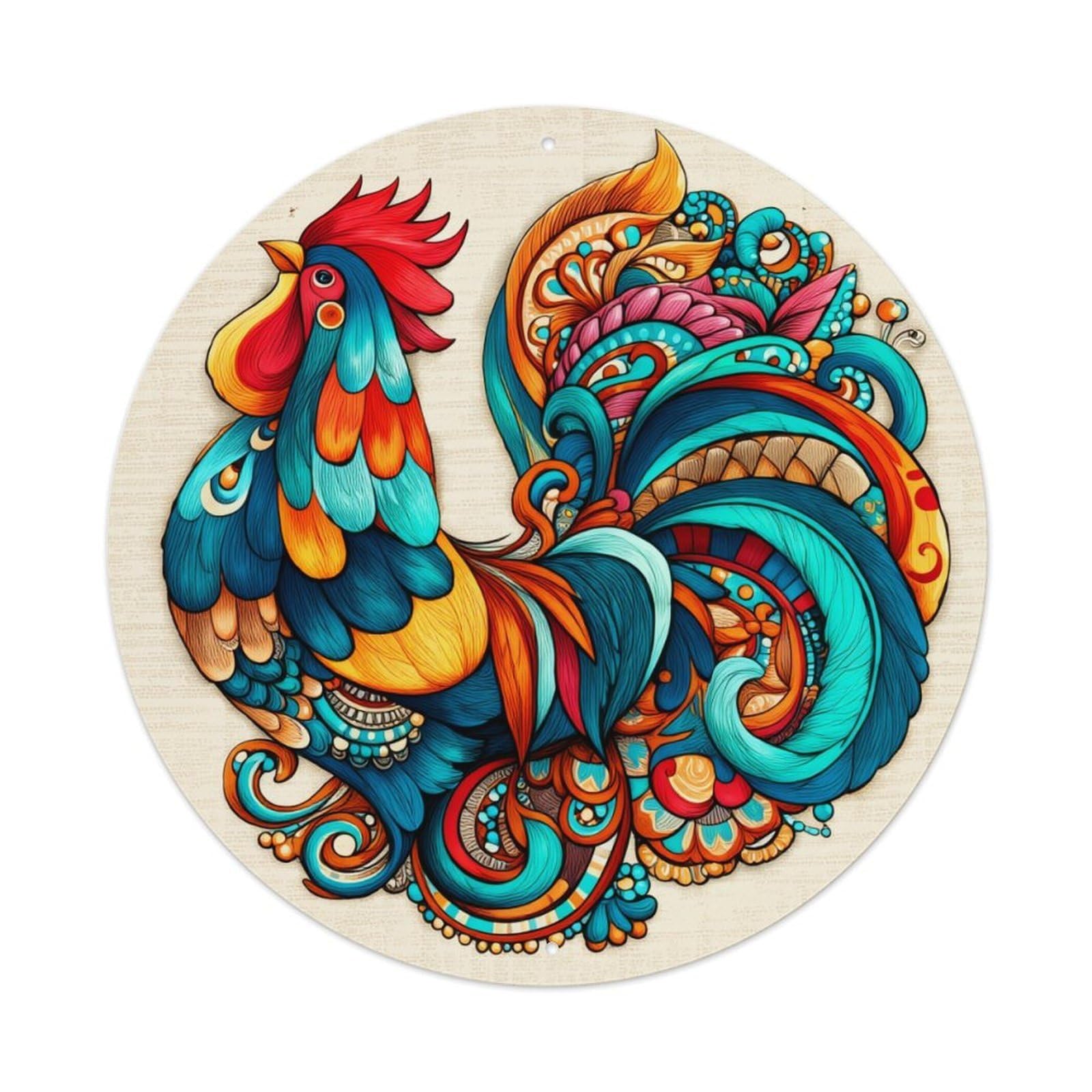 Colorful Rooster Art Pattern Design Round Tin Sign Vintage Metal Poster, Home Bar Garage Man Cave Cafe Indoor & Outdoor Wall Decoration 8x8Inches