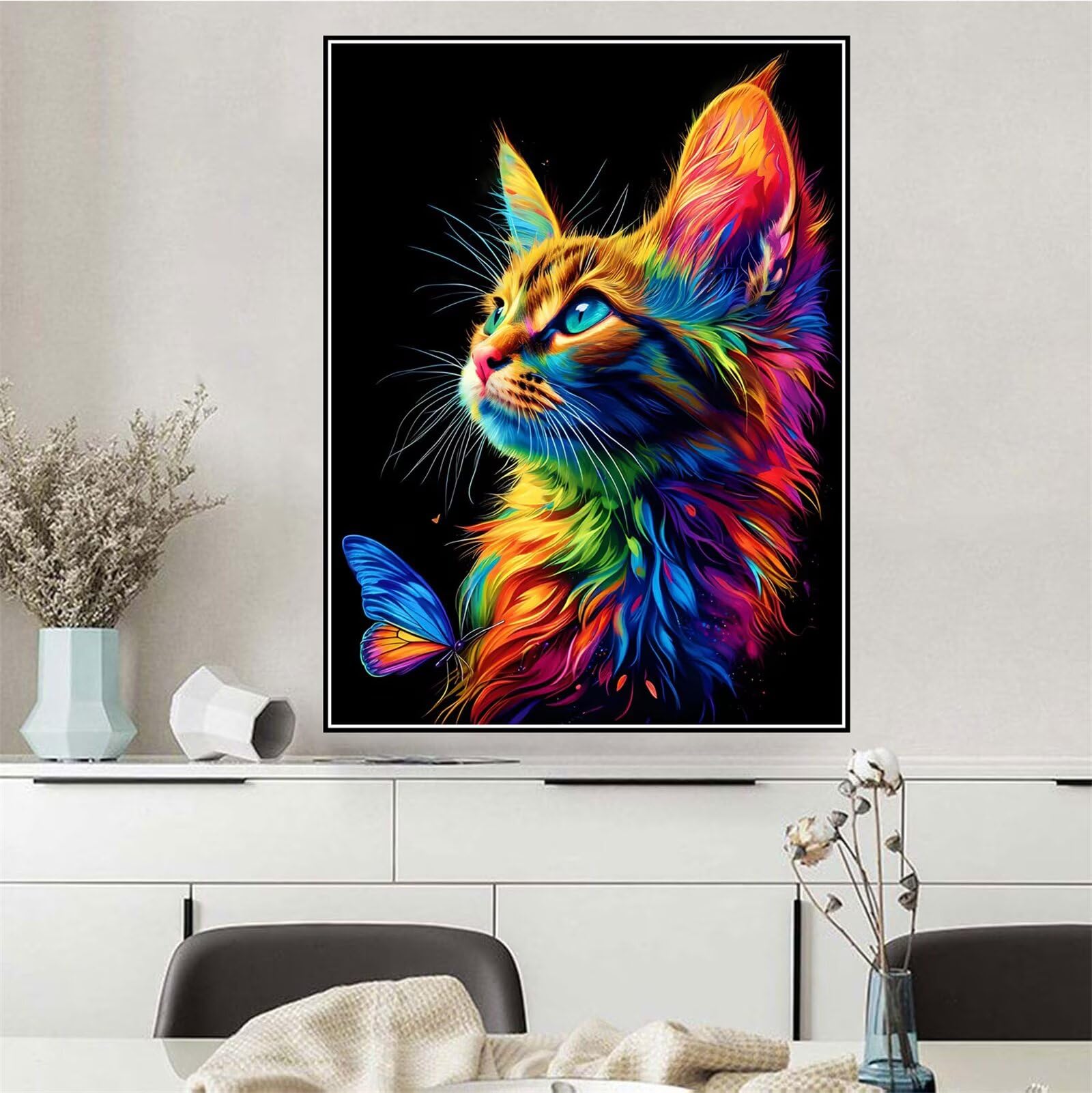 Malen Nach Zahlen ab 7 8 9 10 12 Jahre Mädchen Katze Malen Nach Zahlen Erwachsene Schmetterling, DIY Paint by Numbers Knitterfreie Leinwand Set mit Pinseln und Acrylfarben, Zimmer Deko 50x70cm Q-1089