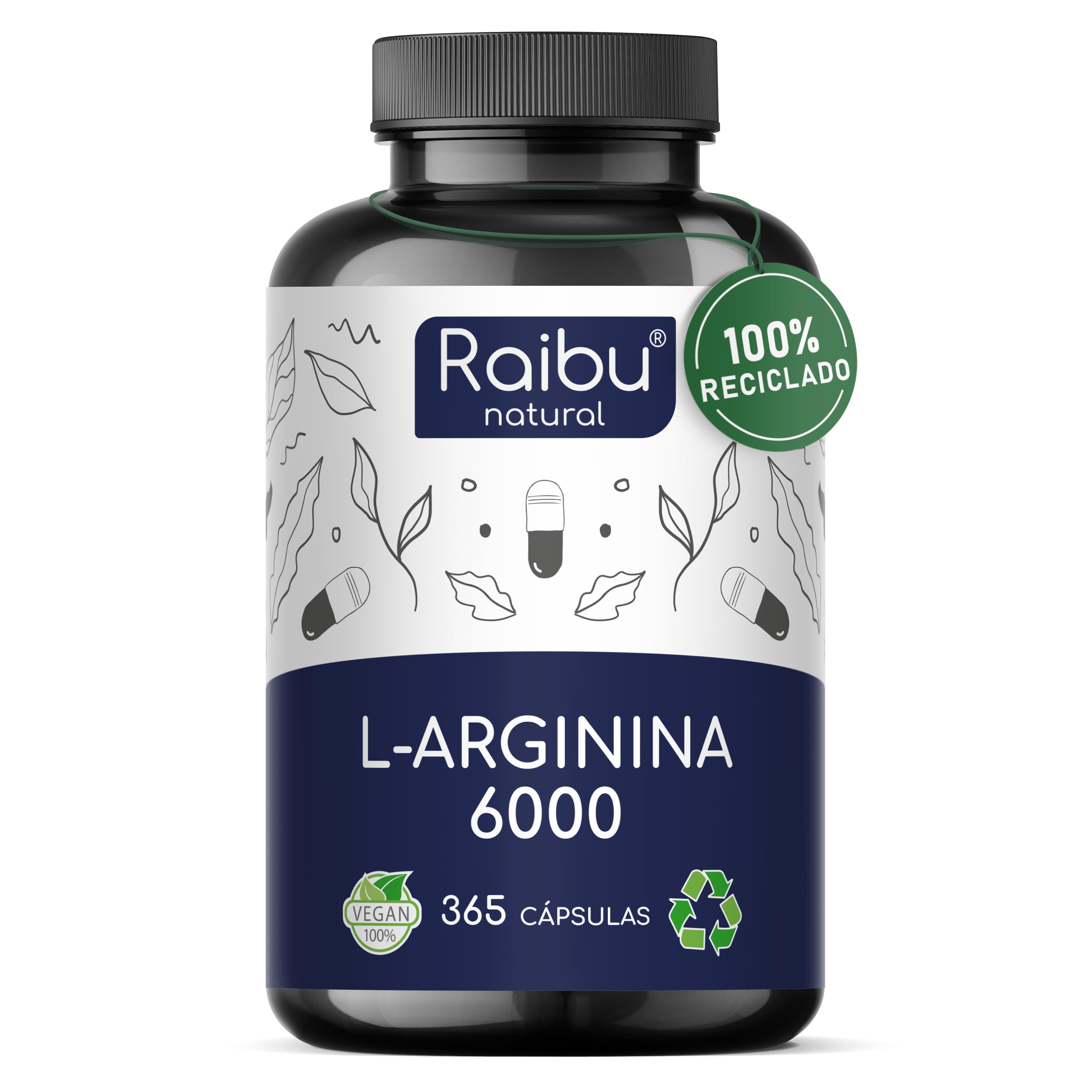 L-Arginina 365 Cápsulas - 6000 mg L-Arginina HCL Pura para Circulación por Dosis Diaria - Alta Dosificación, Sin Aditivos y Probado en Laboratorio
