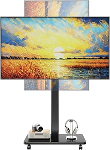 Rolling TV Stand for 10 to 42 Inch Flat Curved TV with Rotating, Portrait to Landscape, Height Adjustable Portable TV Stand with Wheels, Universal TV Cart for Bedroom, Living Room and Corner (Black)