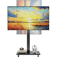Rolling TV Stand for 10 to 46 Inch Flat Curved TV with Rotating, Portrait to Landscape, Height Adjustable Portable TV Stand with Wheels, Universal TV Cart for Bedroom, Living Room and Corner