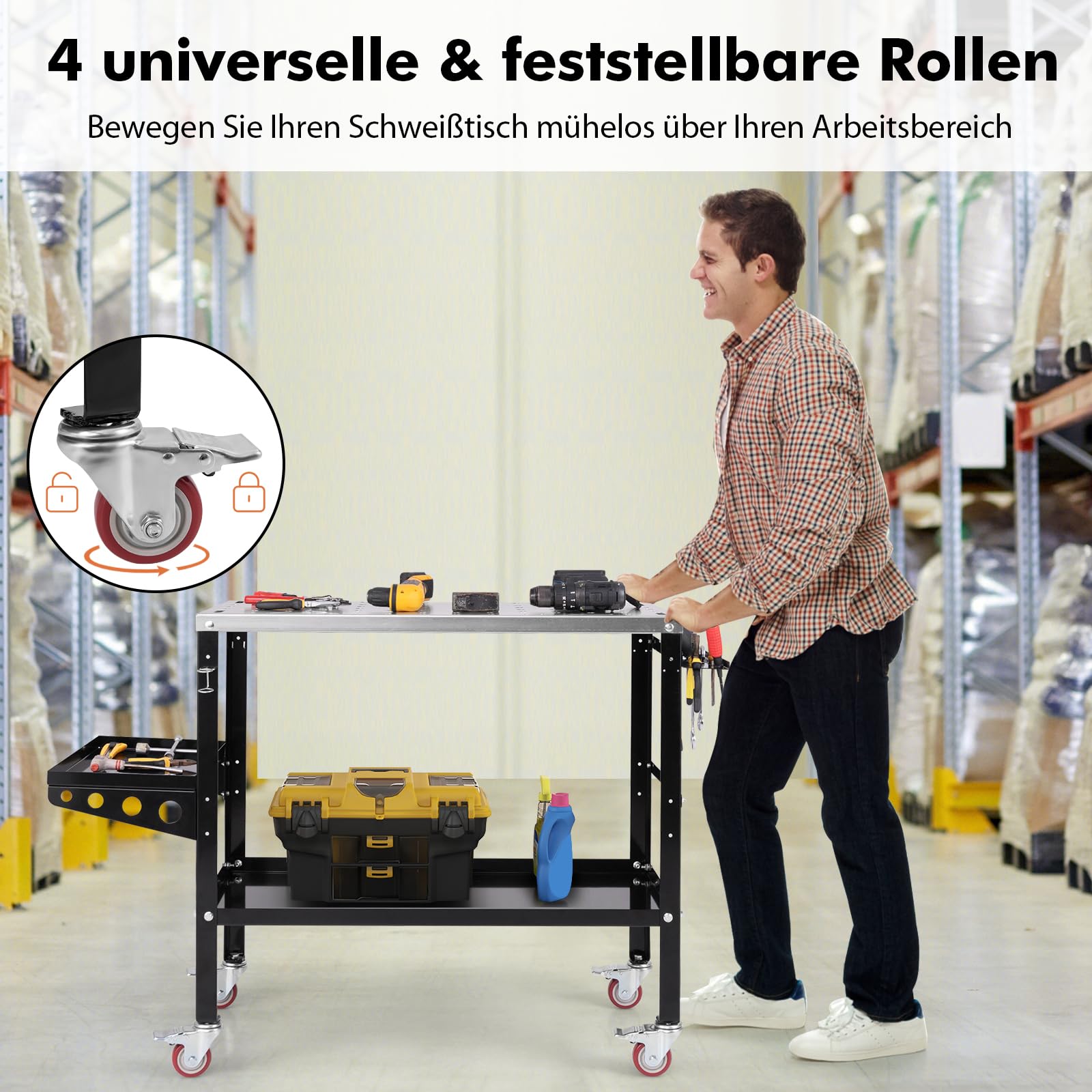 GYMAX Mobiler Schweißtisch 92x46cm, Werkbank mit 2 Ablage & Seitentablett, Schweißwagen mit 2 Schweißdüsenhaltern, 8 Werkzeugschlitzen & Rädern, Schweißwerkbank 540 kg Tragfähigkeit