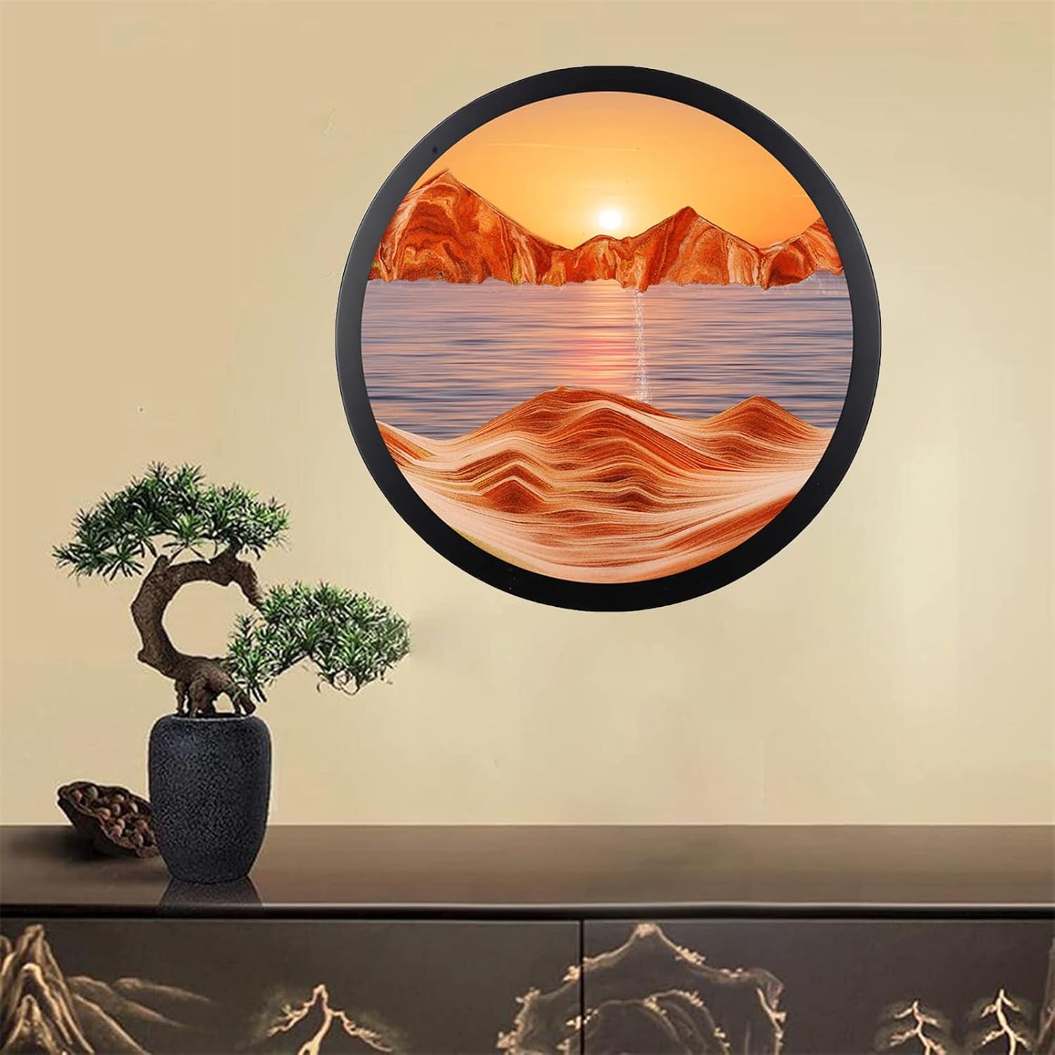 Flowing Sand Painting Wall Art, 17.3'' Sand Art Liquid Motion 3D Sand Painting Creative Moving Sand Art Living Room Decoration,Wall Mounted Rotate Sculpture, Relaxing Mood Home Office Work Decor(F)
