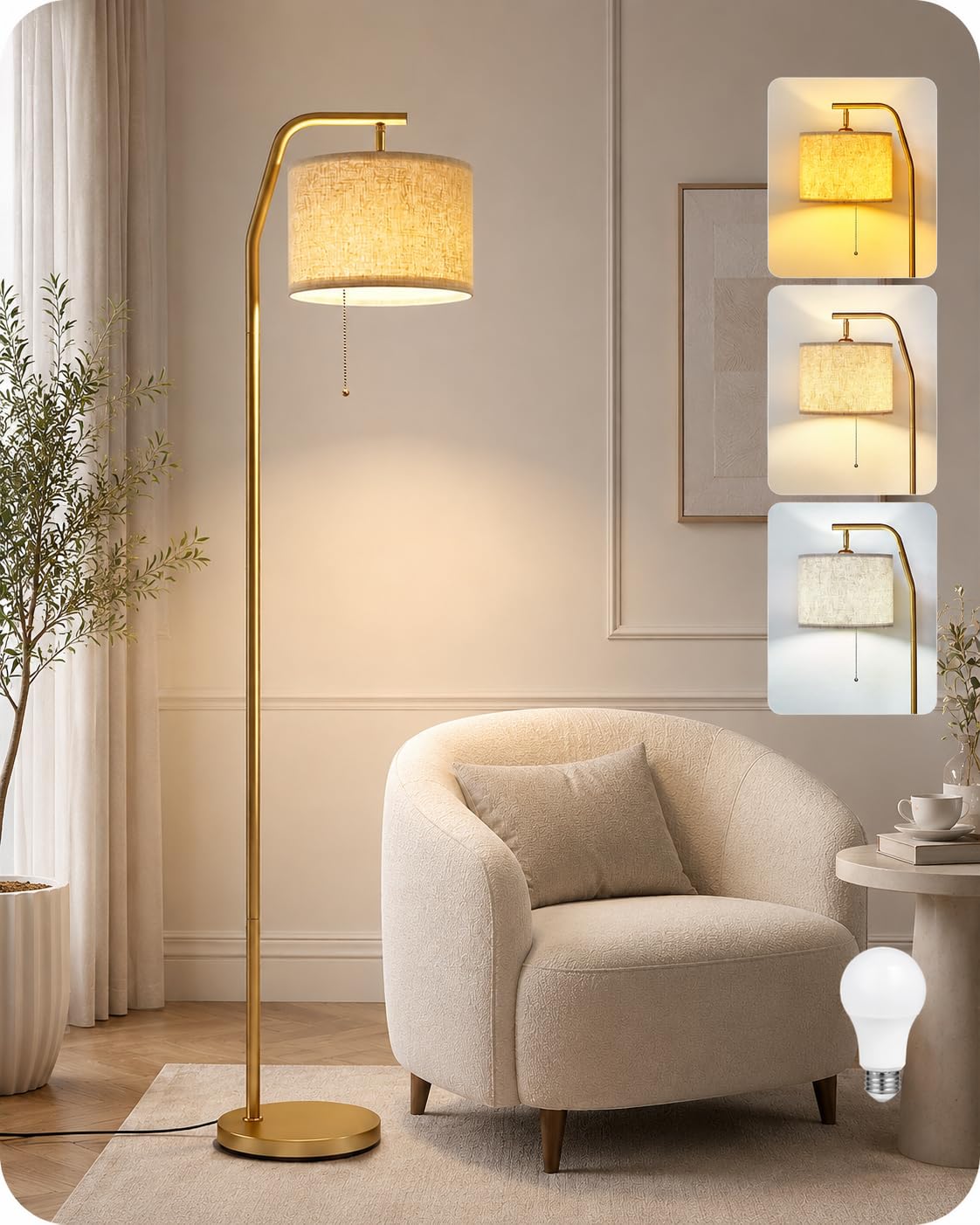 GOEBLESON Floor Lamp for Living Room, 3-Color Temperatures 3000K-6000K with Pull Chain Switch, Standing Lamp with 9W LED Bulb, Adjustable Fabric Shade, Tall Lamp for Bedroom Office ZDE29LDK05