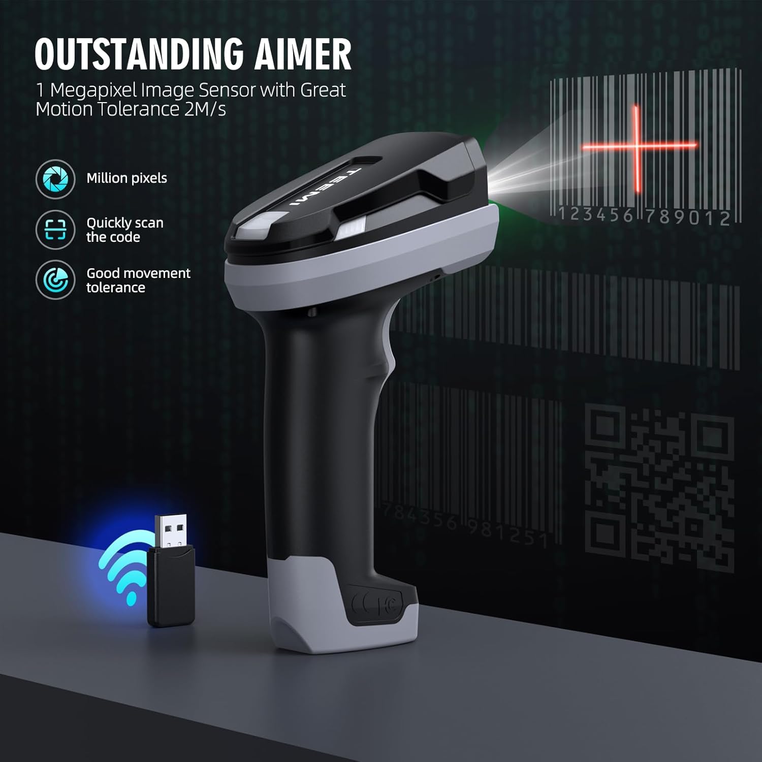 TEEMI 2D Bluetooth Barcode Scanner, Industrial Rugged Handheld Reader, High-Resolution Megapixel Sensor, Easy Battery Swap, Advanced Data Parsing, Wireless QR Code Scanner (Scanner Only)