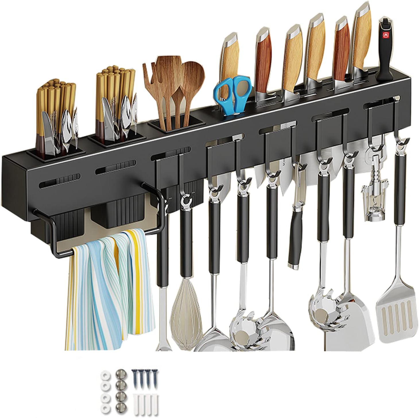 Wall-Mounted Cutlery Rack Wall Utensil Organizer Free Punching Household Multifunctional Knife Storage Rack,Black,50cm