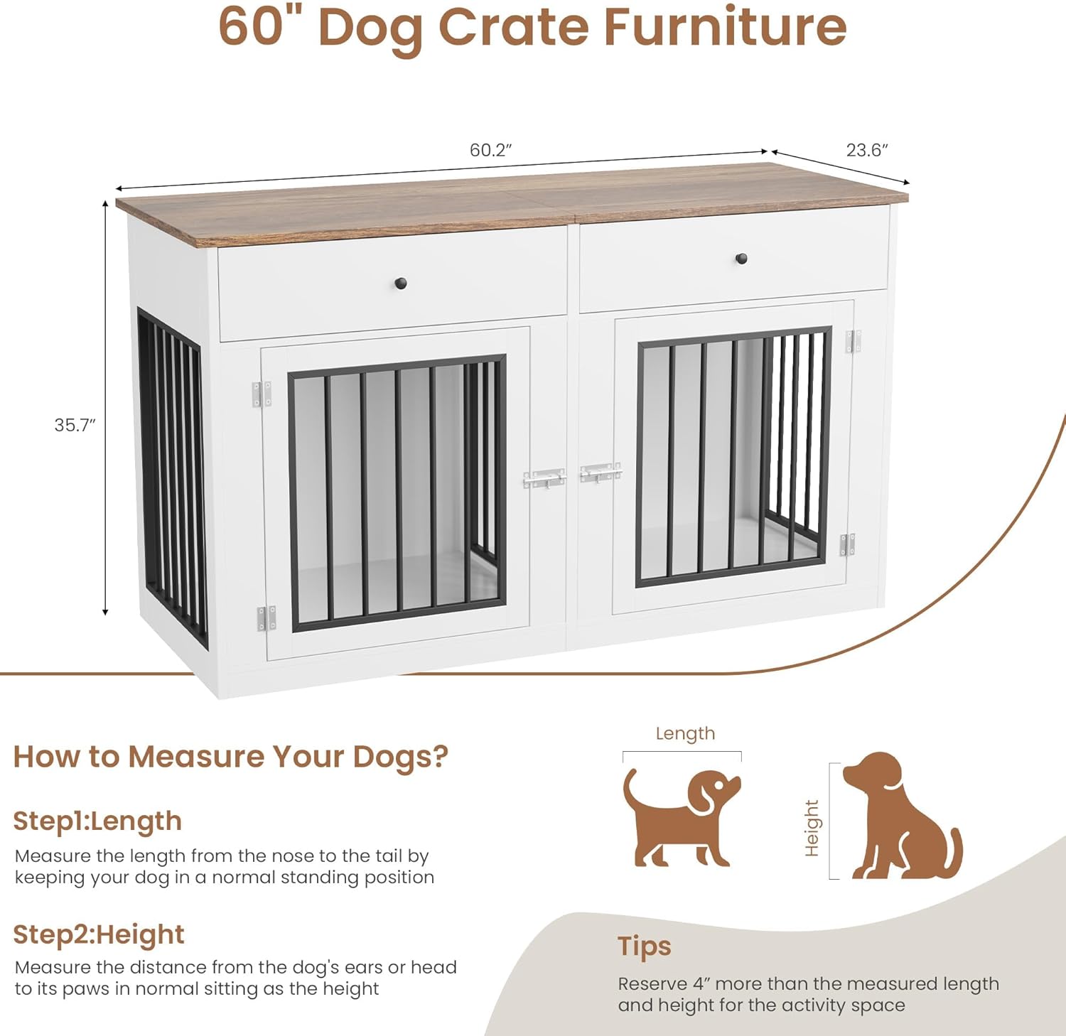Dog Crate Furniture for 2 Dogs, 60" Farmhouse Dog Kennel Furniture with 2 Large Drawers, Indoor Dog Cage & TV Stand, Wooden Double Dog Crates for Small Medium Dogs, White