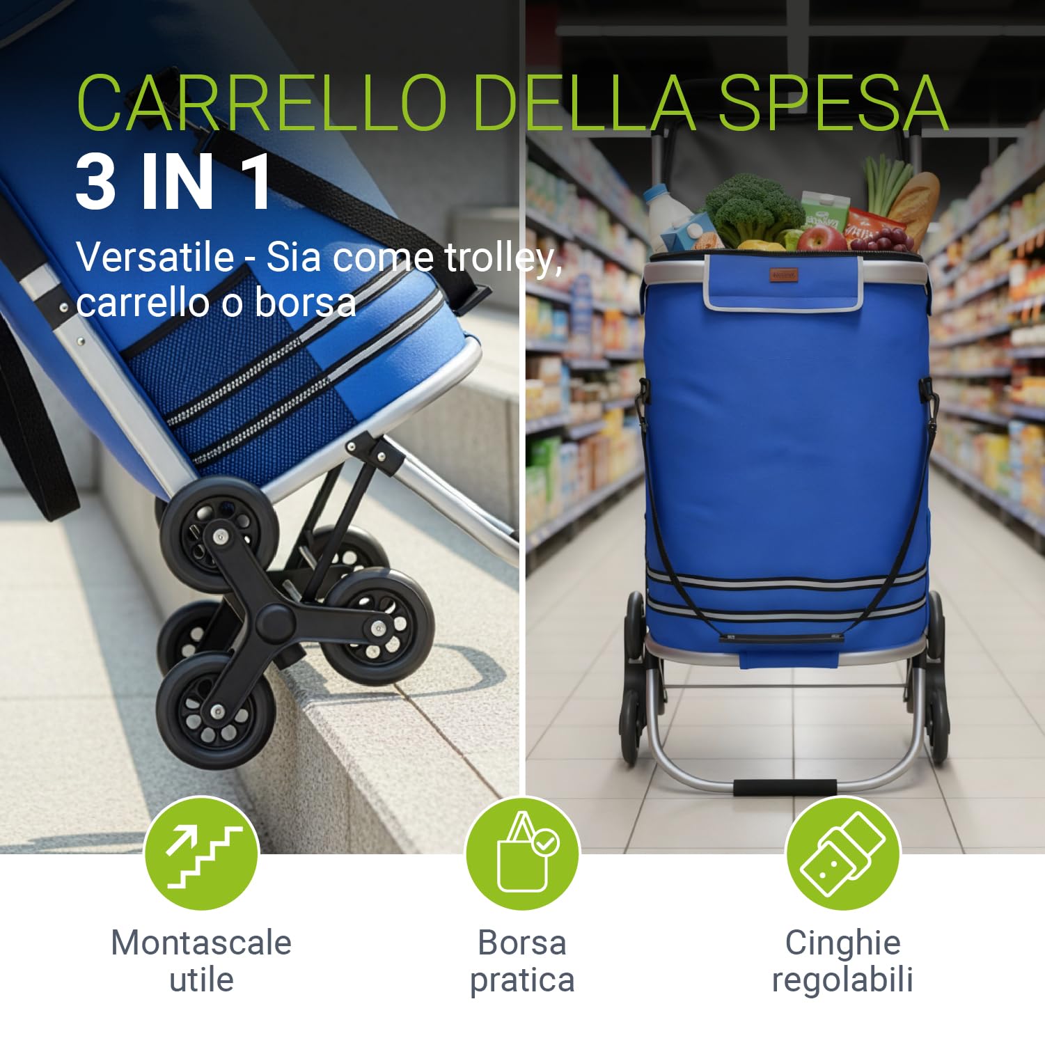Juskys Trolley per la spesa 3 in 1 per scale – 56 l moderno e pieghevole – Trolley per salire le scale – Carrello e borsa – Trolli blu scuro