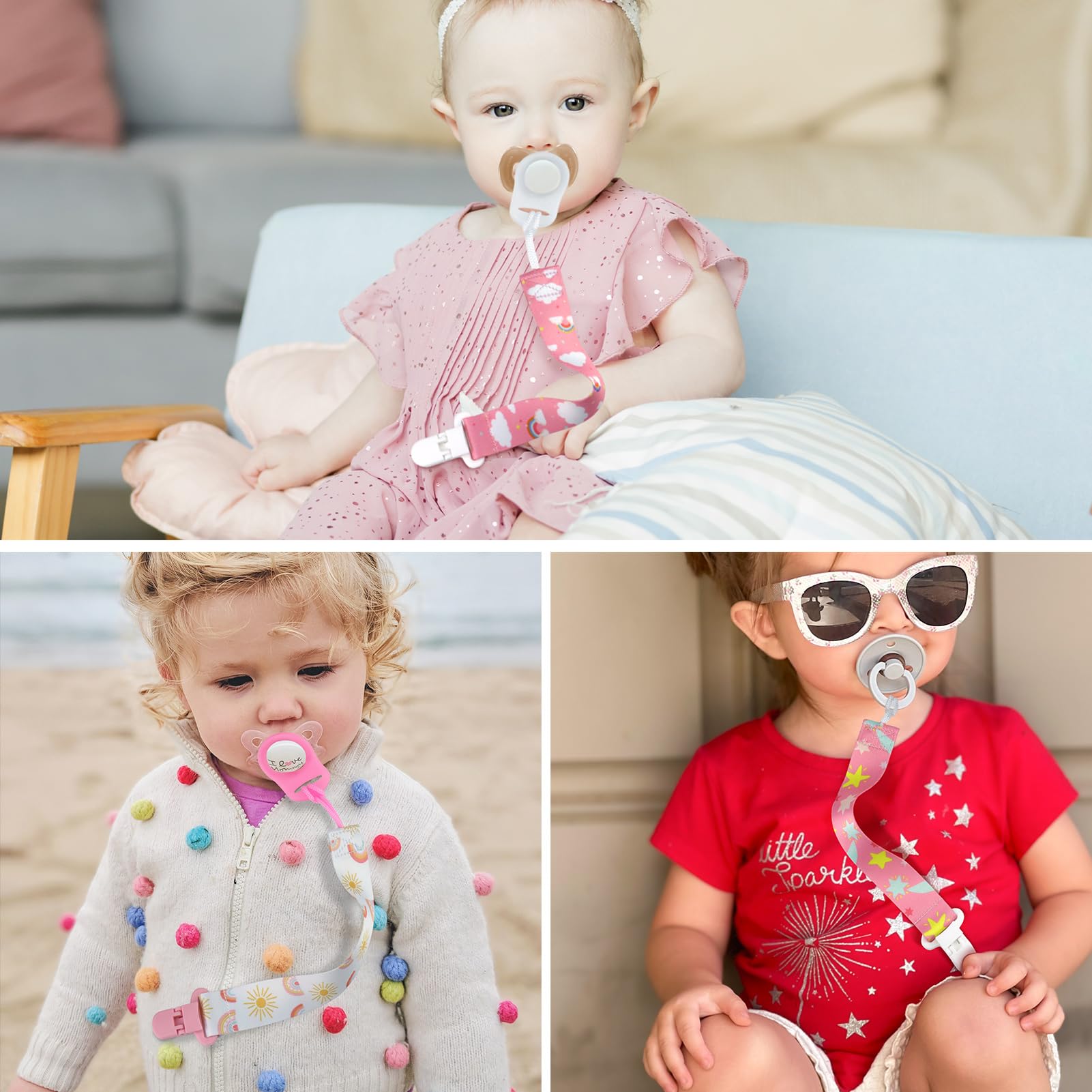 4 Pezzi Ciuccio Catena per Bambini, Catenella Porta Ciuccio con 4 Pezzi Ciuccio Clip Adattatore per Neonato per Nascita Battesimo Baby Compleanno Natale Regalo (rosa)
