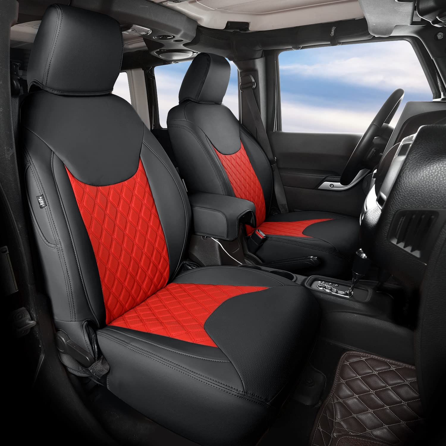 GIANT PANDA Jeep Wrangler 4 Door JK 2013-2017 Full Set Car Seat Covers for Sahara Sport Rubicon Unlimited Willys Wheeler Altitude, Customized Faux Leather - (Black+Red)