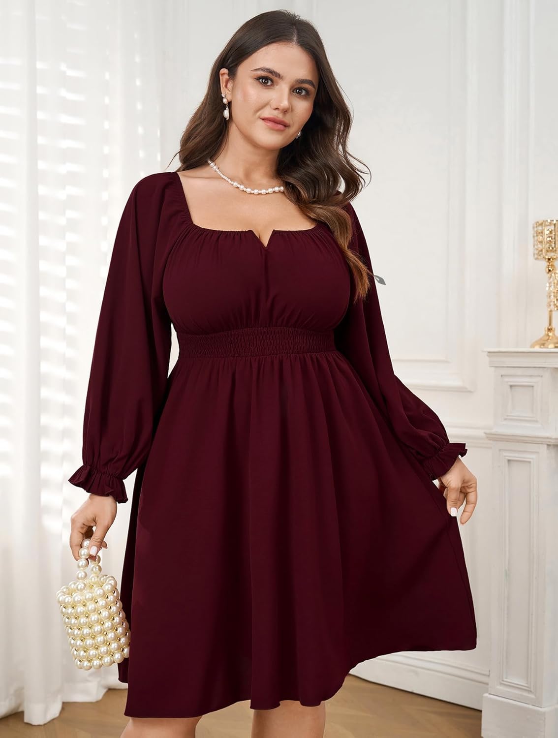 Womens Plus Size Cocktail Dress Fall Off Shoulder Long Sleeve Square Neck Smocked Waist Flowy A Line Short Dress - Image 7