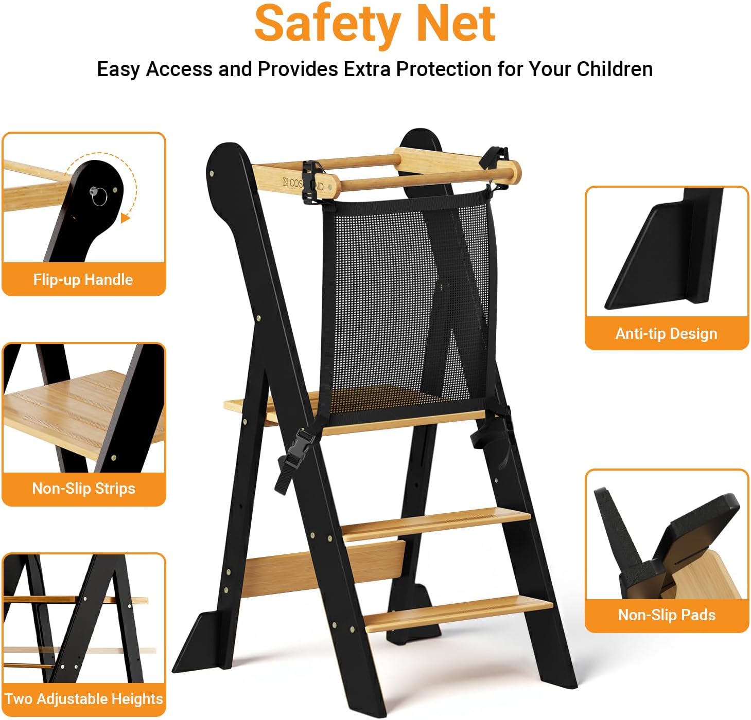 Close-up of the COSYLAND Toddler Kitchen Stool highlighting features like flip-up handle, non-slip strips, two adjustable heights, anti-tip design, and non-slip pads