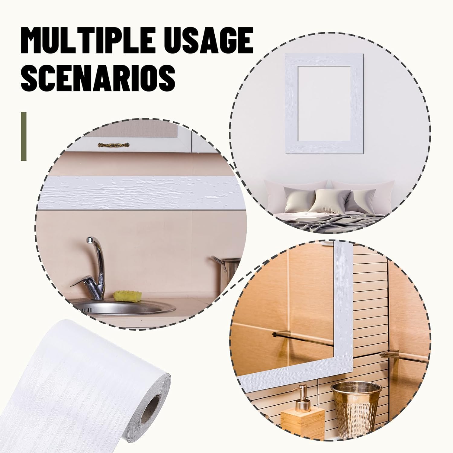 Dunzoom 15m White Wood Grain Border Wall Decor Peel & Stick Removable PVC Waterproof Bathroom Mirror Frame Border Kitchen Sticker Trim 49 ft x 4"