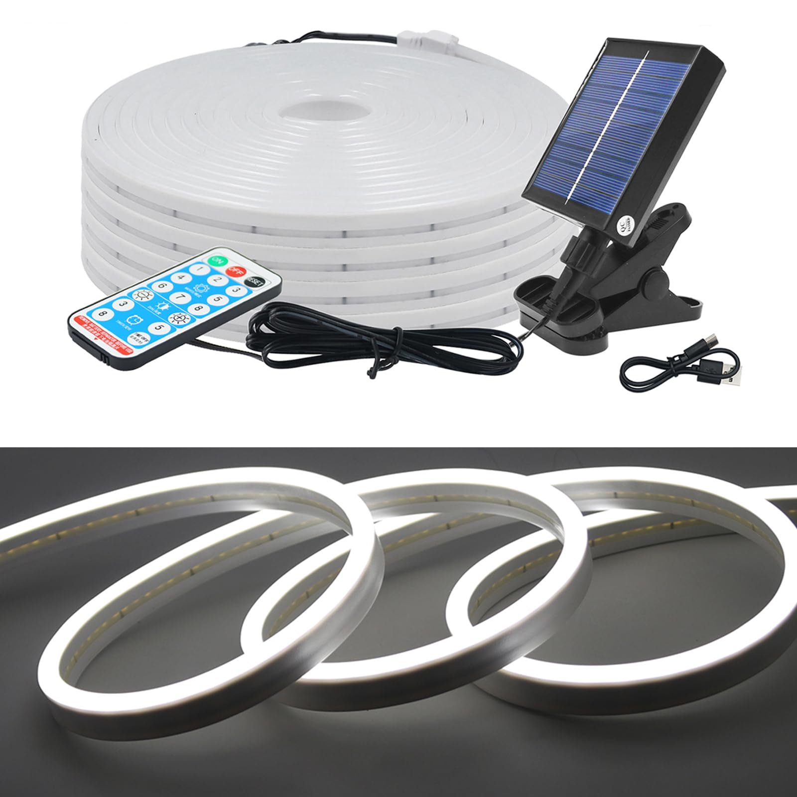 KISUFU 24V Solar LED Neon Strip Lights Outdoor, IP67 Waterproof 120 LEDs/m Dimmable 2835 Neon Light with 1.2W Clip Solar Controller for Yard Garden Decor.