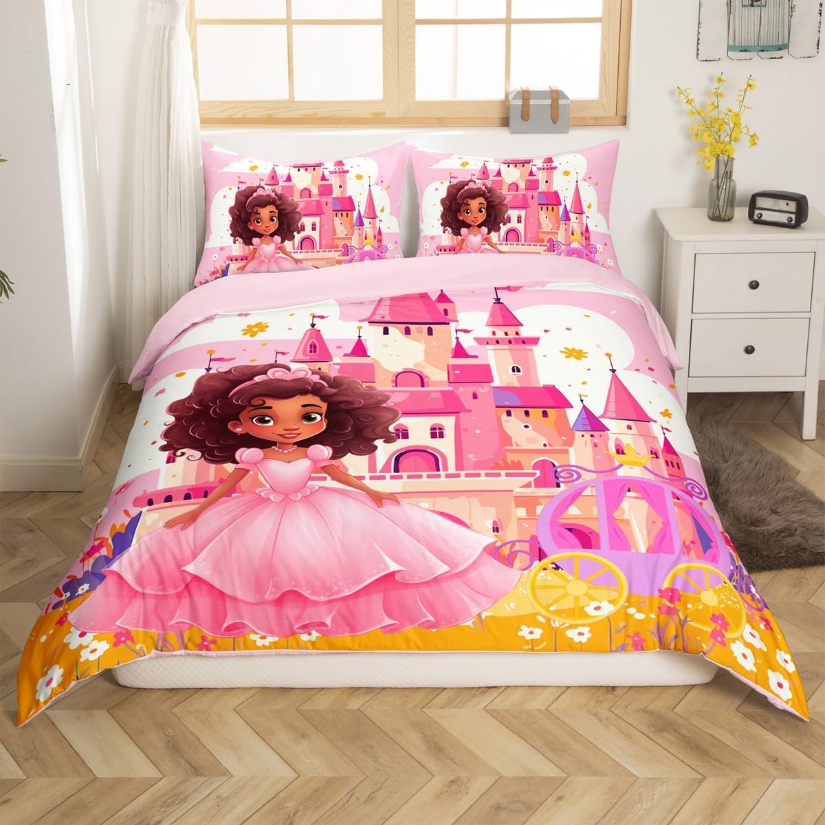 Black Princess Duvet Cover Twin Size 2 Pcs,Dreamy Castle Carriage Pink Girly Bedding Set for Kids Girls Kawaii Room,Fairy Tale Garden Floral Fantasy Quilt Cover(No Filler) for All Season