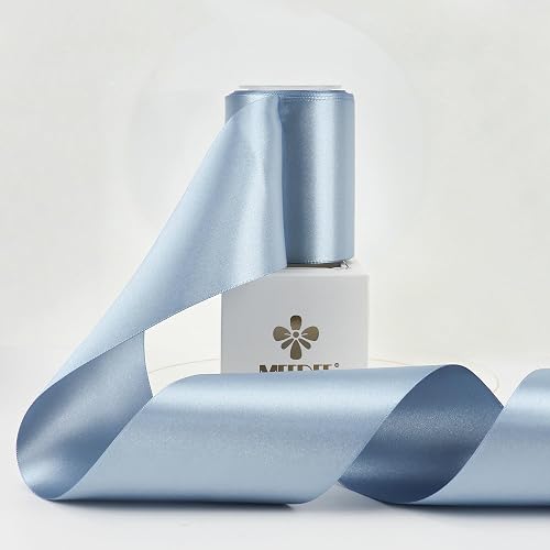 MEEDEE Dusty Blue Satin Ribbon Lux Double Faced Satin Ribbon 3 Inch Dusty Blue Ribbons By 10 Yards French Blue Ribbons for Crafts, Christmas Tree, Flower Bouquet, Weddings, Bow Making