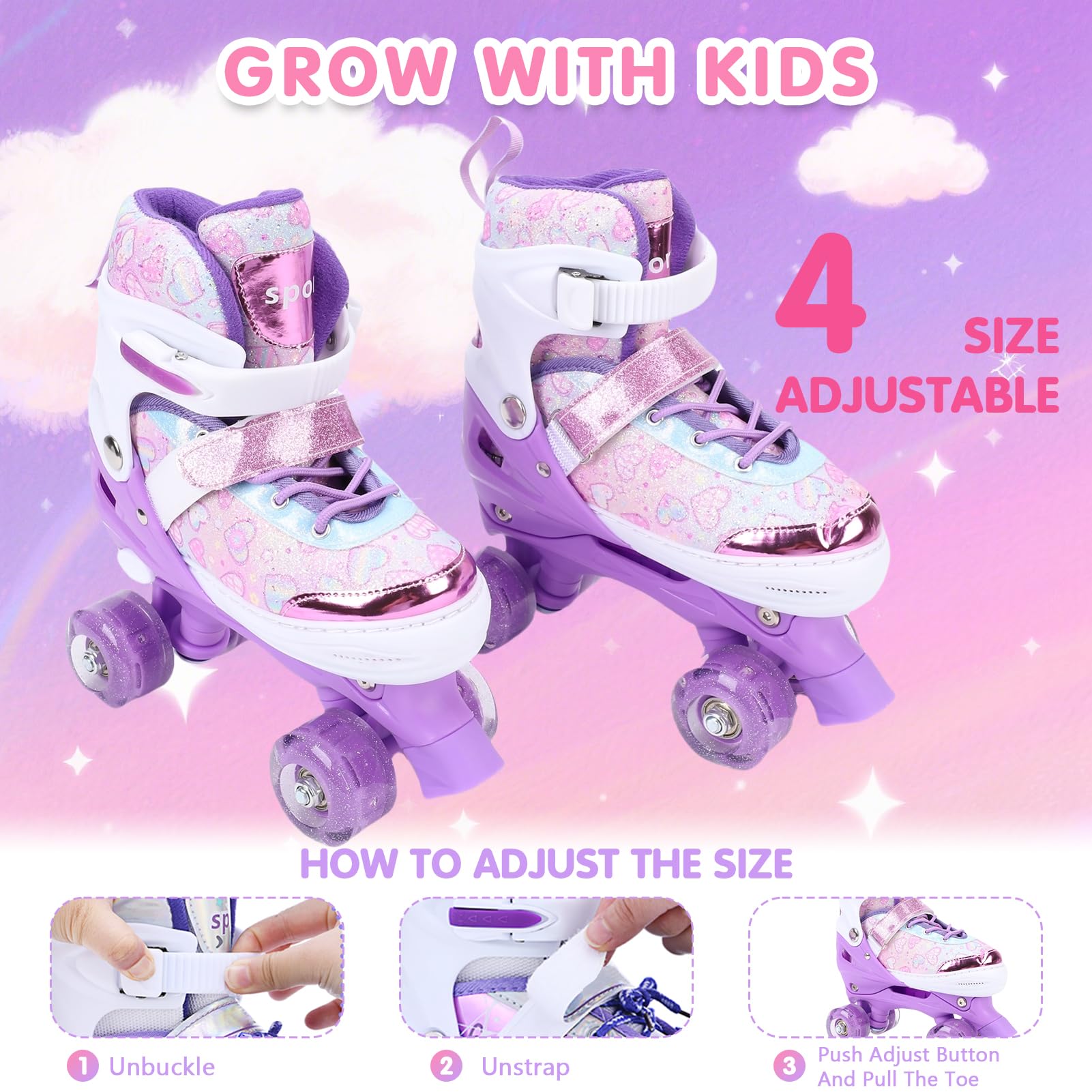 Cryfokt Patins à roulettes pour Enfants, Roue Clignotante Réglable en 4 Tailles, Roulements ABEC, Triple Protection pour Patins à roulettes pour Filles, Filles âgées de 6 à 12 Ans