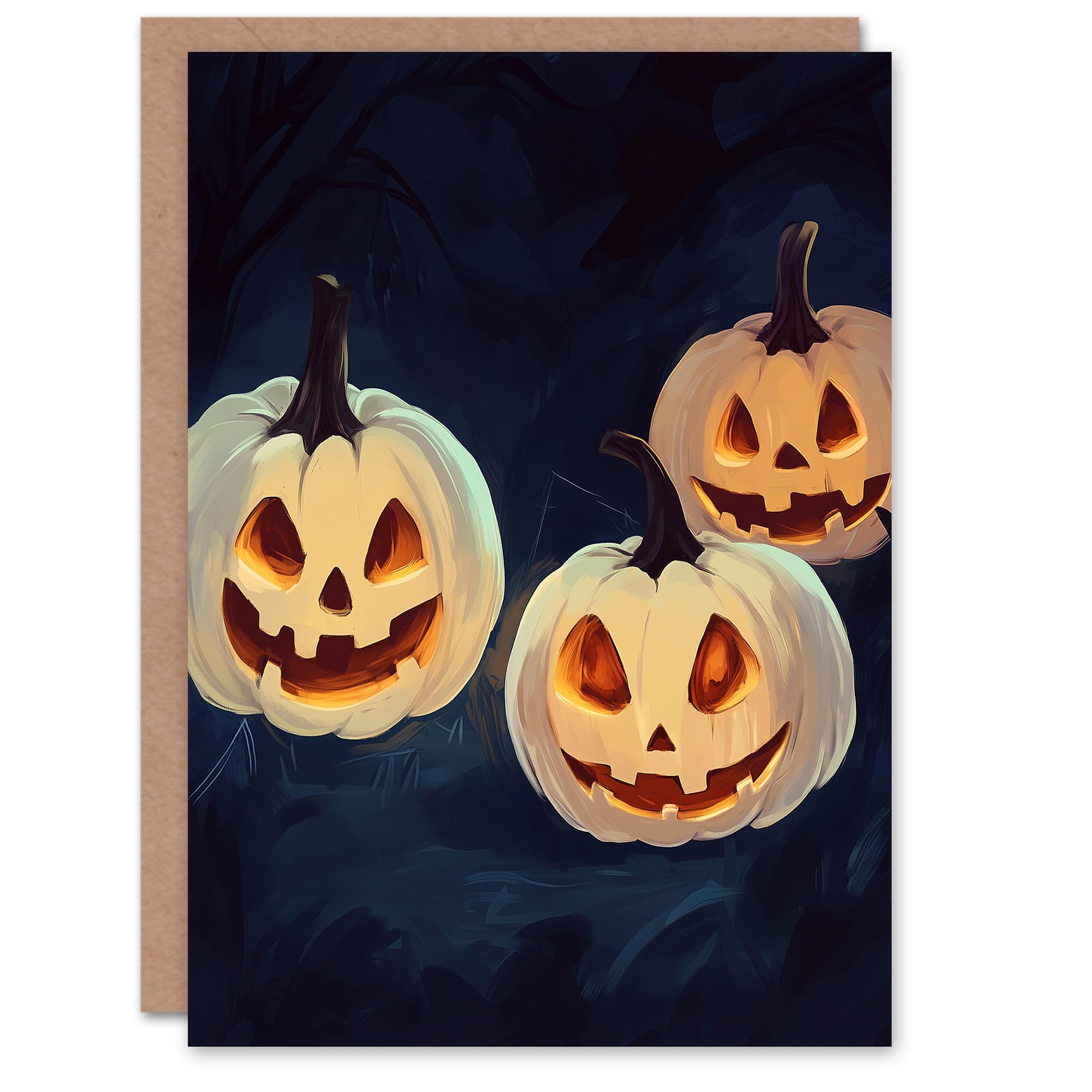 Lit Carved Pumpkin Jack o Lanterns Trick or Treat Scary Haunted Halloween Card
