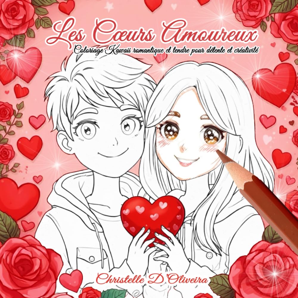 Les cœurs amoureux, coloriage Kawaii romantique et tendre pour détente et créativité.