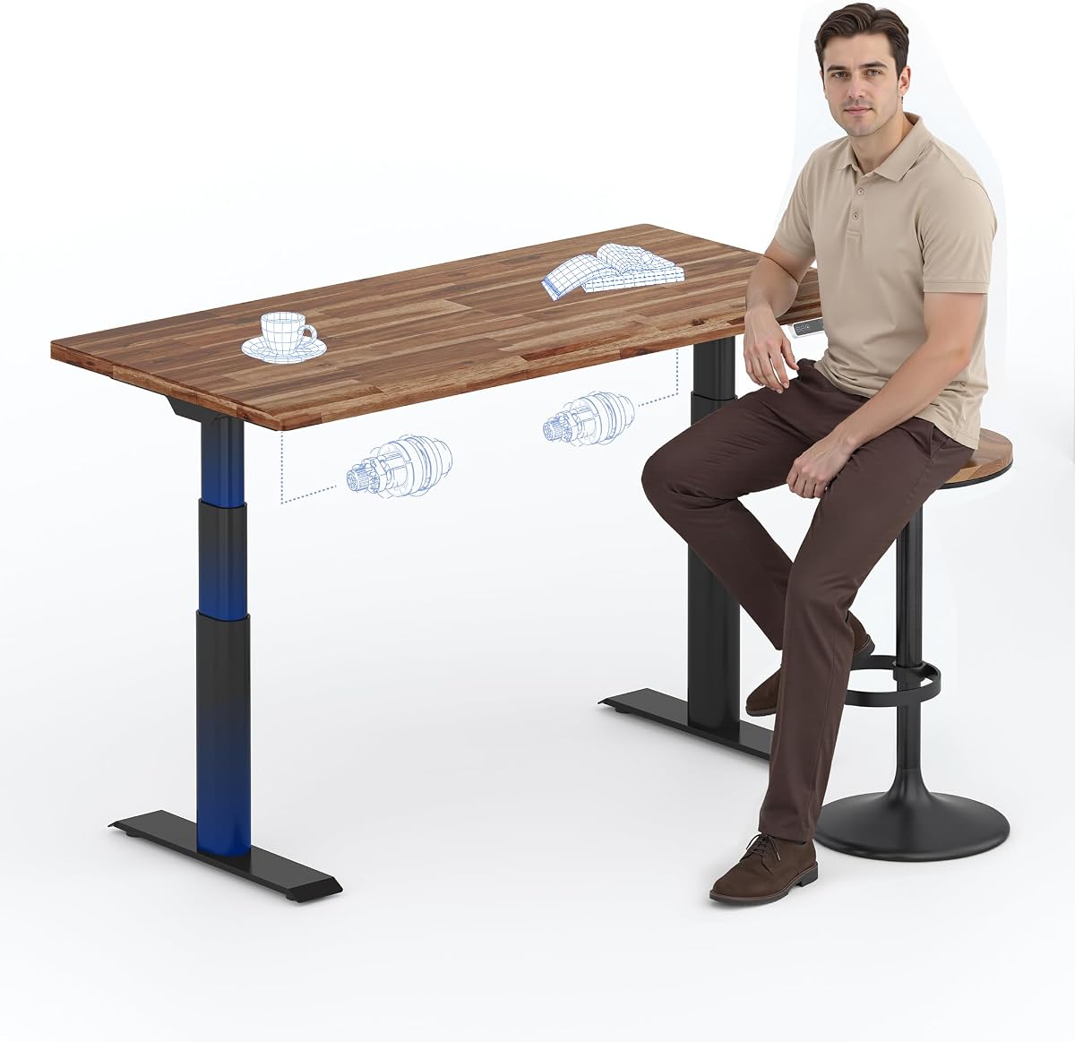 E8 Premium Standing Desk, Oval Legs, Solid Acacia Wood Top, Brown | 48 x 24", Organic Modern Design, Butcher Block Top, Dual Motor 3-Stage Height Adjustable Frame, Heavy Duty 352 lb Capacity