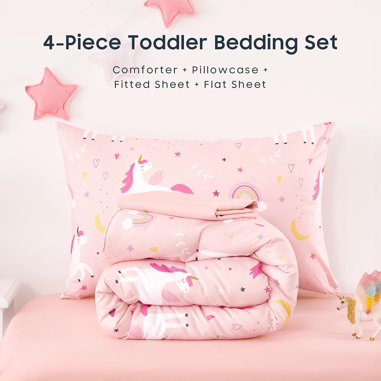 Wake In Cloud - Toddler Bedding Set for Girls, Cute Unicorn Rainbow Stars, 4 Pieces Soft Crib Bed Set Including Comforter, Sheets and Pillowcase, Pink